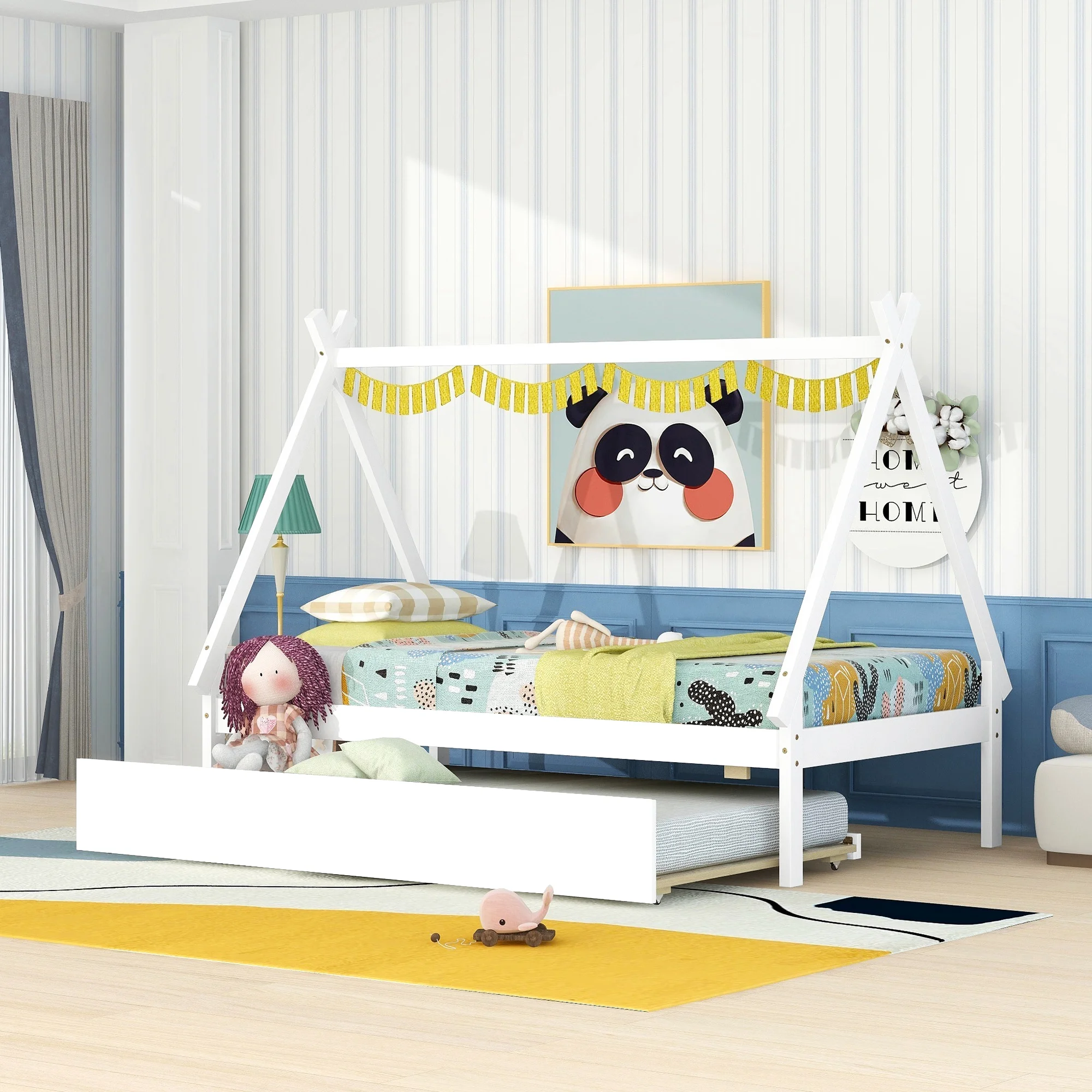 Twin Size Teepee Floor Bed with Trundle Cozy Toddler and Baby Bed-White