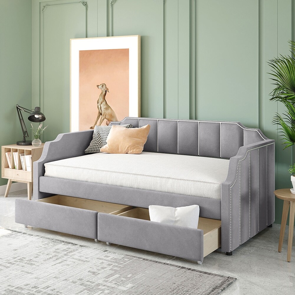Twin Size Upholstered Daybed with 2 Drawers and Wood Slat Support