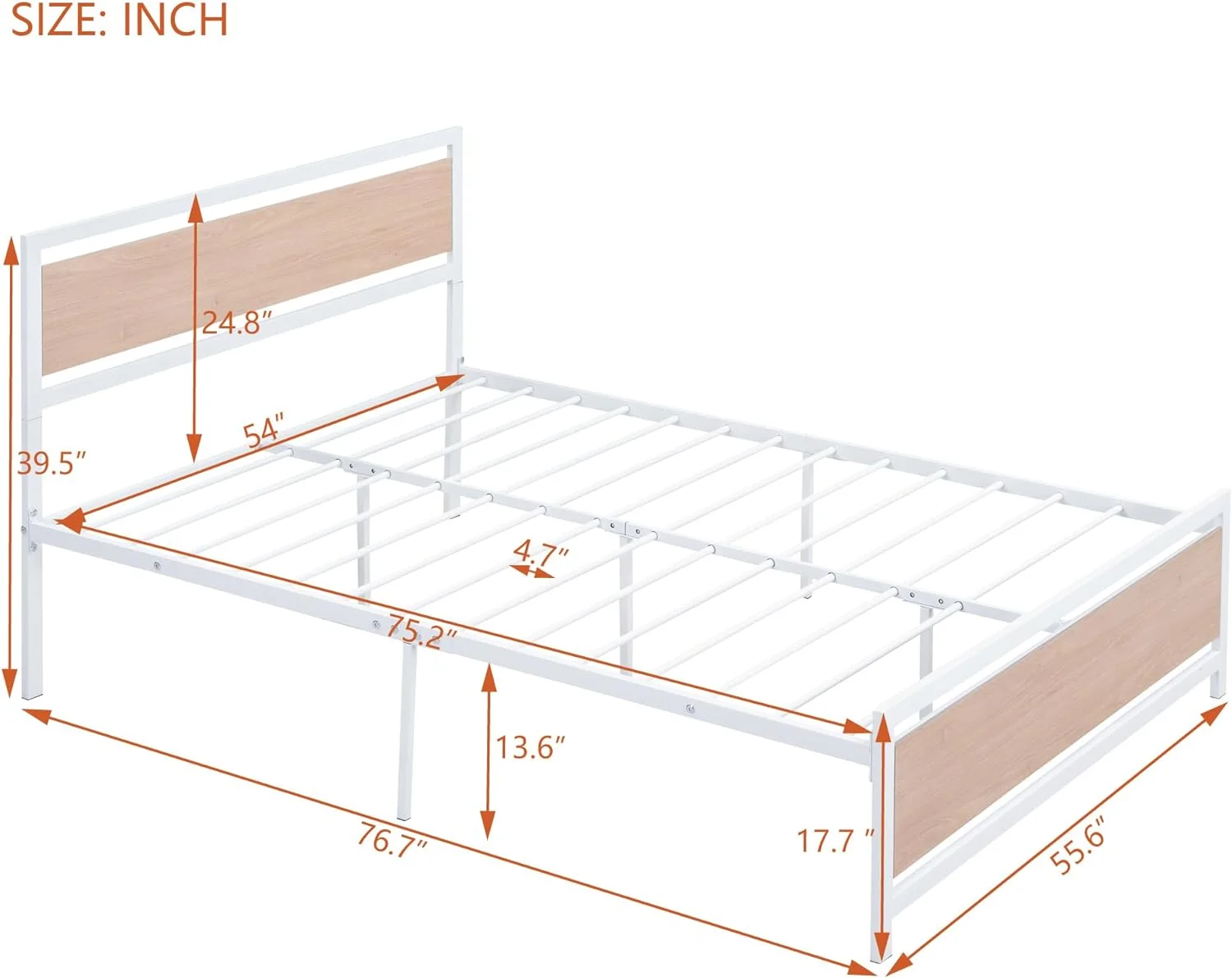 Full Size Platform Bed, Metal And Wood Bed Frame With Headboard And Footboard, No Box Spring Needed (White, Full)