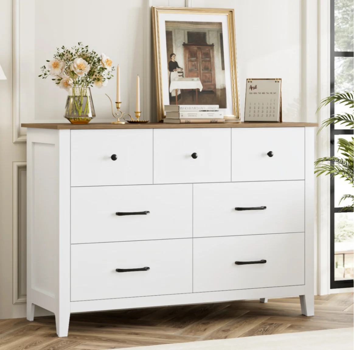 Homfa 7 Drawer Dresser for Bedroom, Modern Wood Storage Cabinet for Living Room Hallway, White