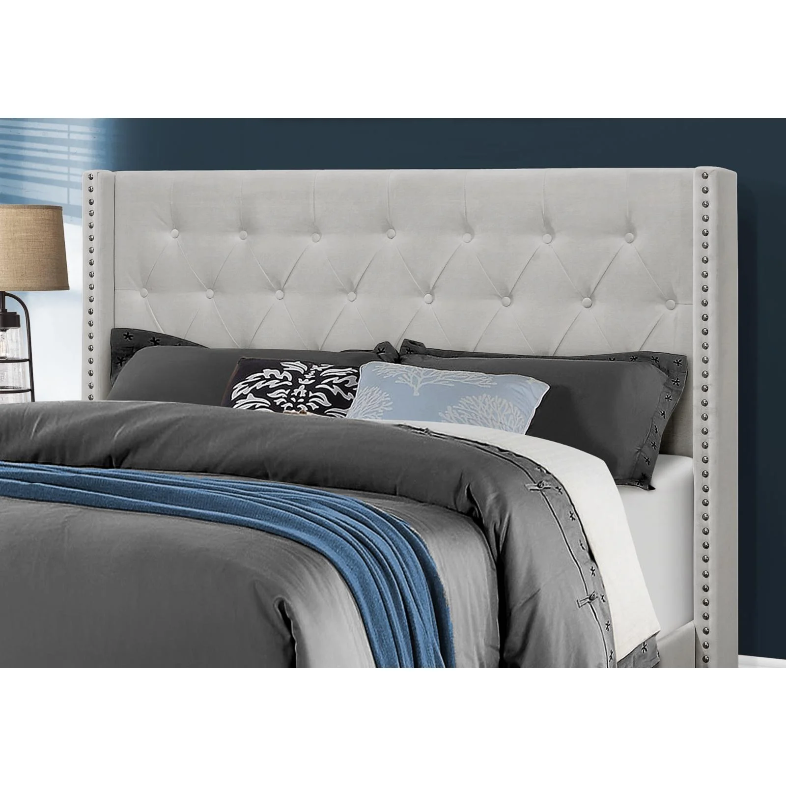 Bed Queen Size Platform Bedroom Frame Upholstered Velvet Grey Chrome