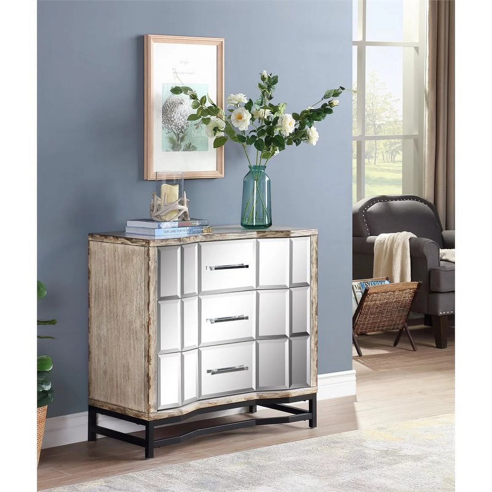 Pemberly Row Modern Aged Parchment & Mirror Three Drawer Chest
