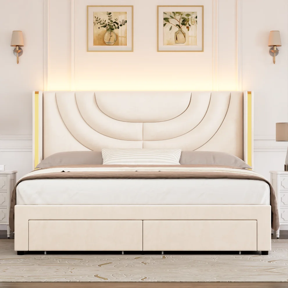 Homfa King Size Platform Bed Frame with Led Headboard, Velvet Upholstered Bed Frame with 2 Drawers, Off-White