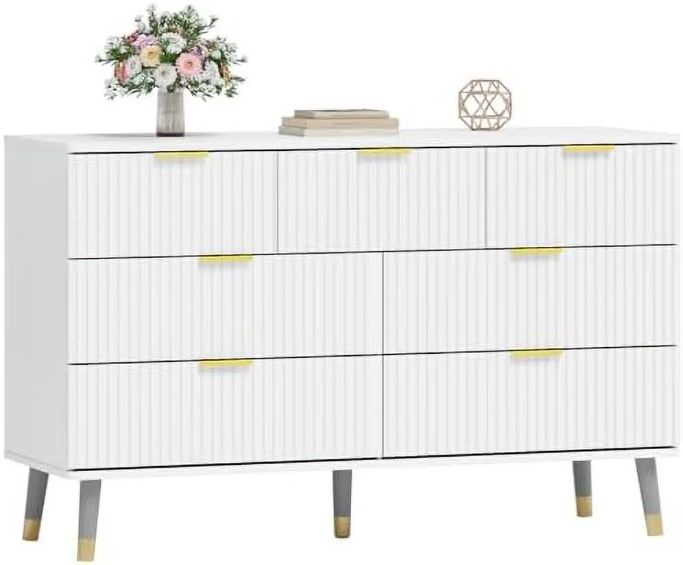 Dresser for Bedroom 7 Drawer Dresser with Metal Handles White Dresser with Spacious Space Deep Chest of Drawer for Living Room Hallway and Nursery.