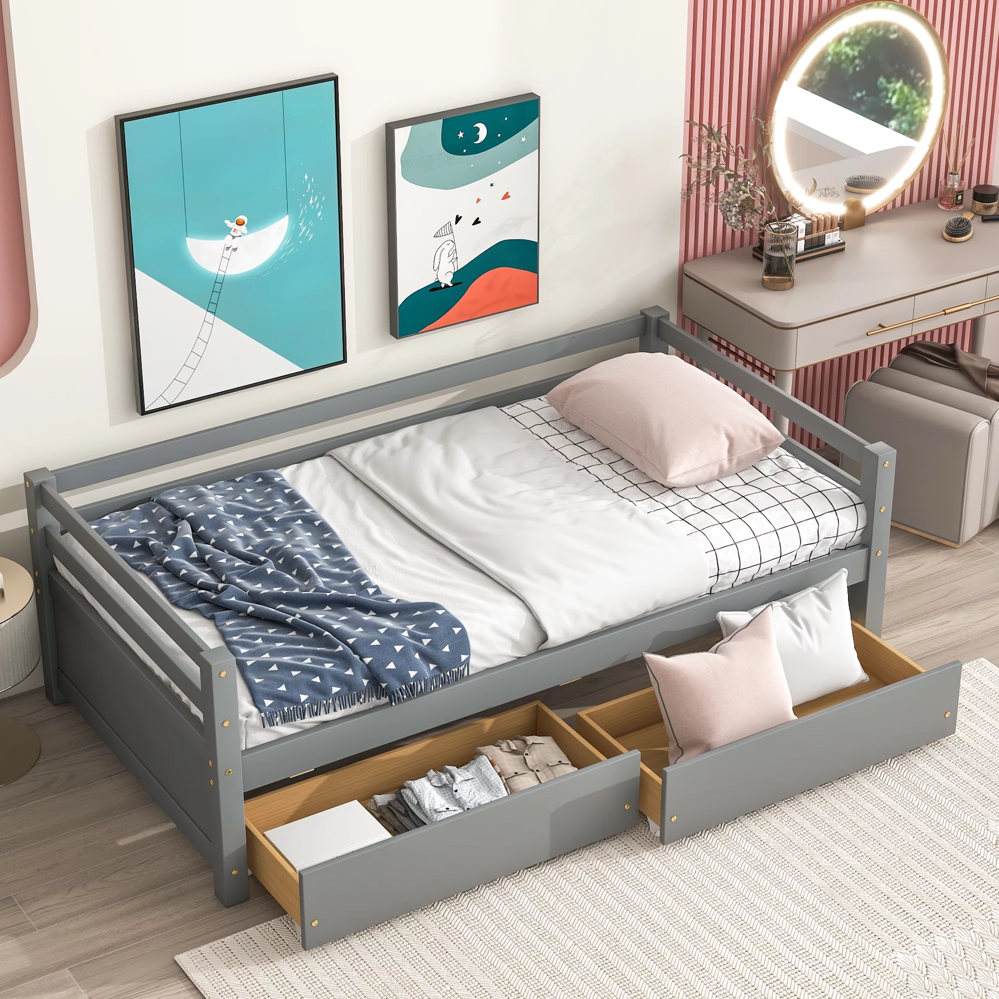 Royard Oaktree Twin Size Daybed with Two Storage Drawers Wood Sofa Bed with Guard Rail and Slats for Bedroom, Living Room, No Box Spring Needed, Grey