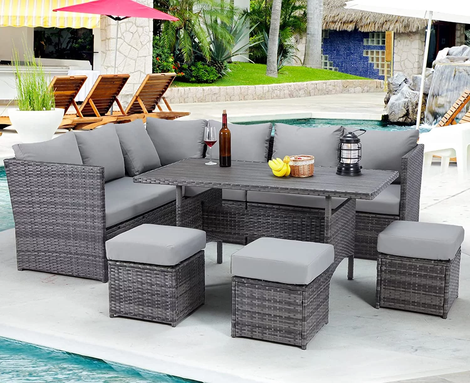 AECOJOY 7 Piece Patio Conversation Set,  Outdoor Sectional Sofa Rattan Wicker Dining Furniture, Gray
