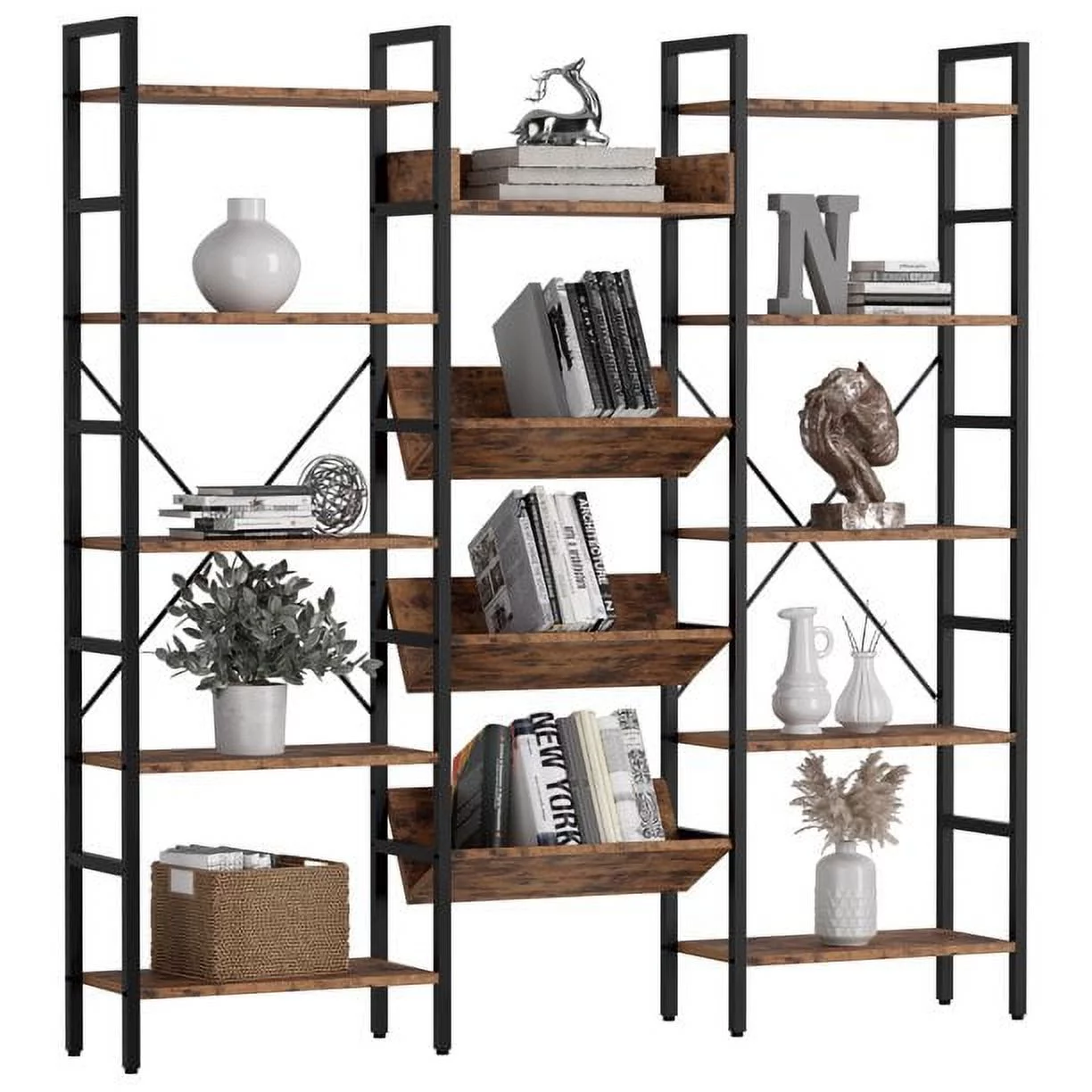 IRONCK Bookcases and Bookshelves 5 Tiers Industrial Triple Bookshelf, Large Record Player Shelves with Metal Frame for Living Room Bedroom Home Office