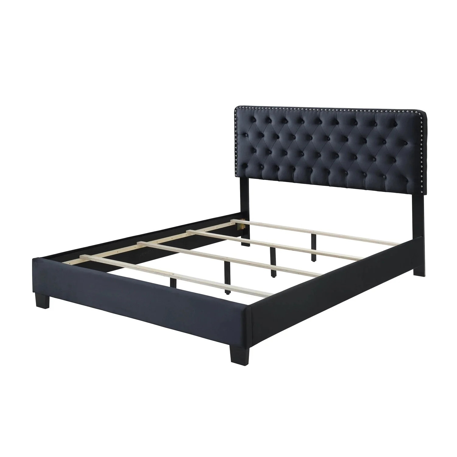 Benjara Jane Queen Size Bed, Low Profile, Black Tufted Fabric Upholstered Headboard