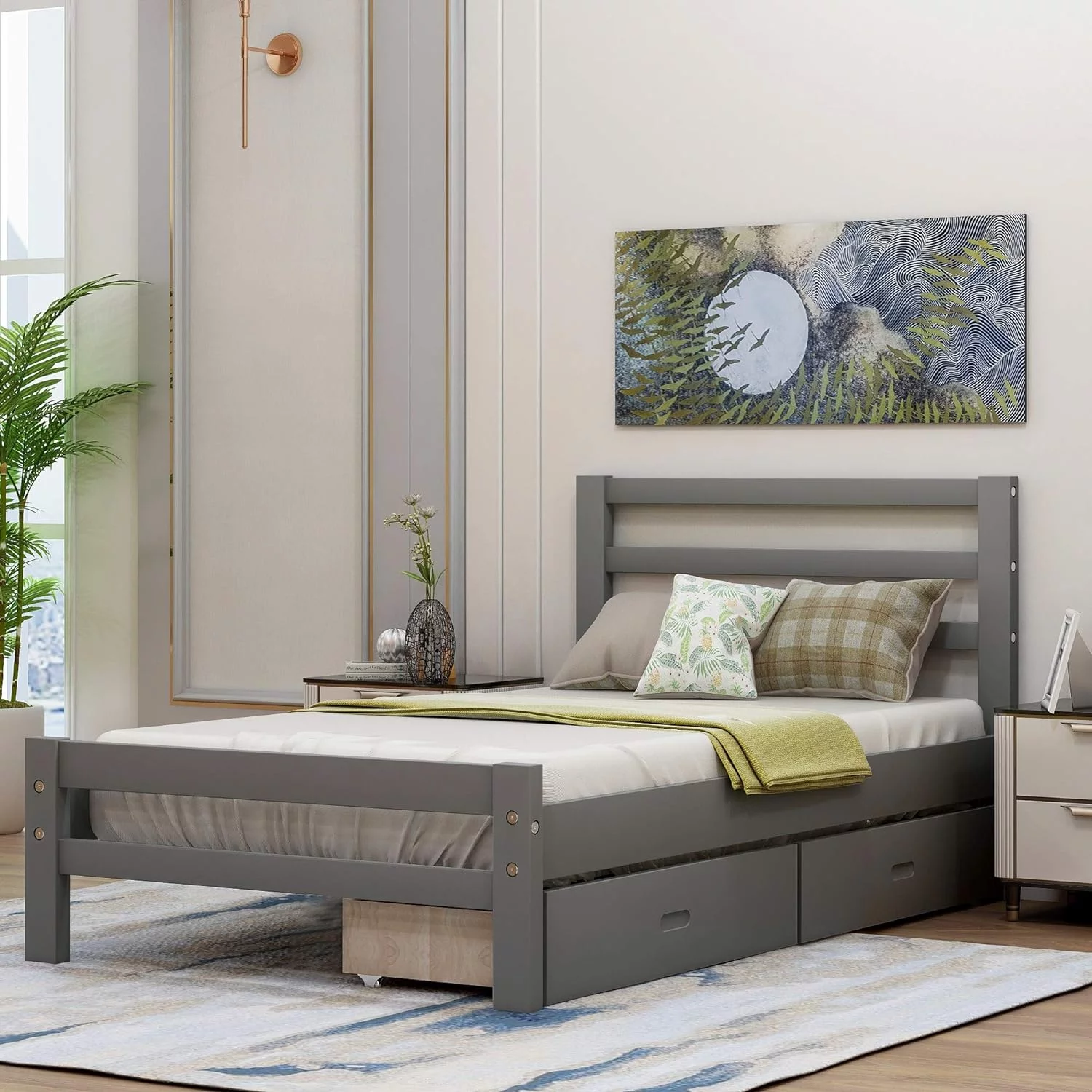Platform Bed With Storage Drawers, Solid Wood Platform Bed With Headboard And Footboard, No Box Spring Needed, Gray