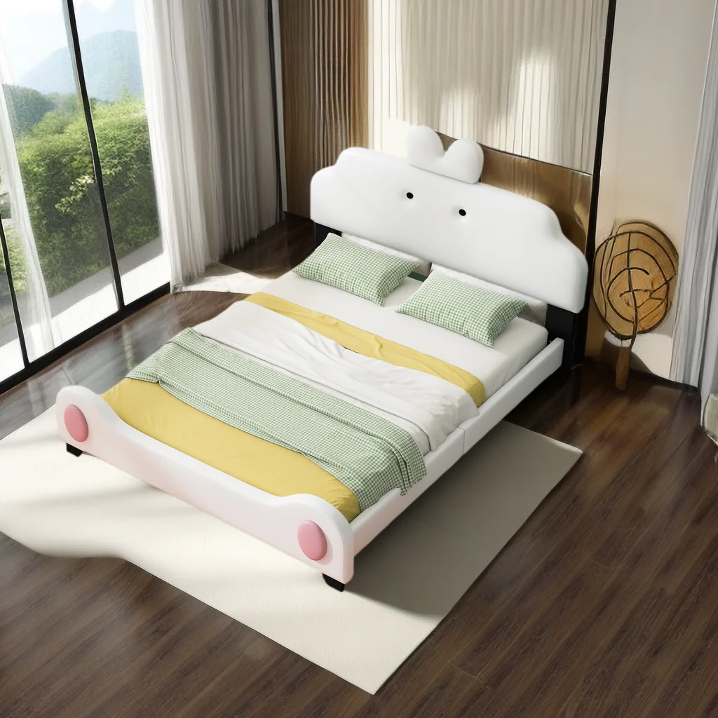 Full Size Upholstered Platform Bed with Cartoon Headboard and Footboard