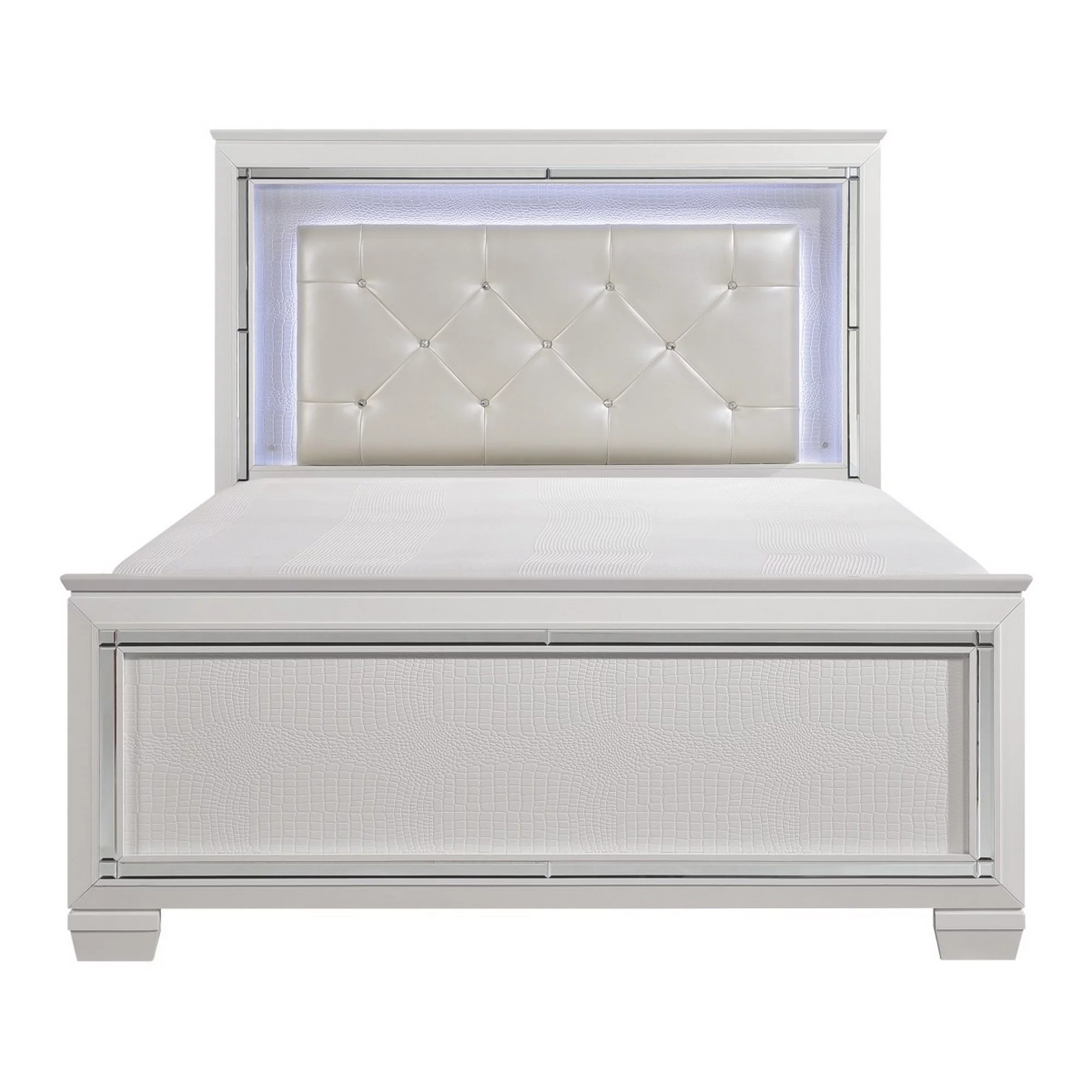 Benjara Noah California King Bed, LED Backlit Crystal Tufted Headboard, White