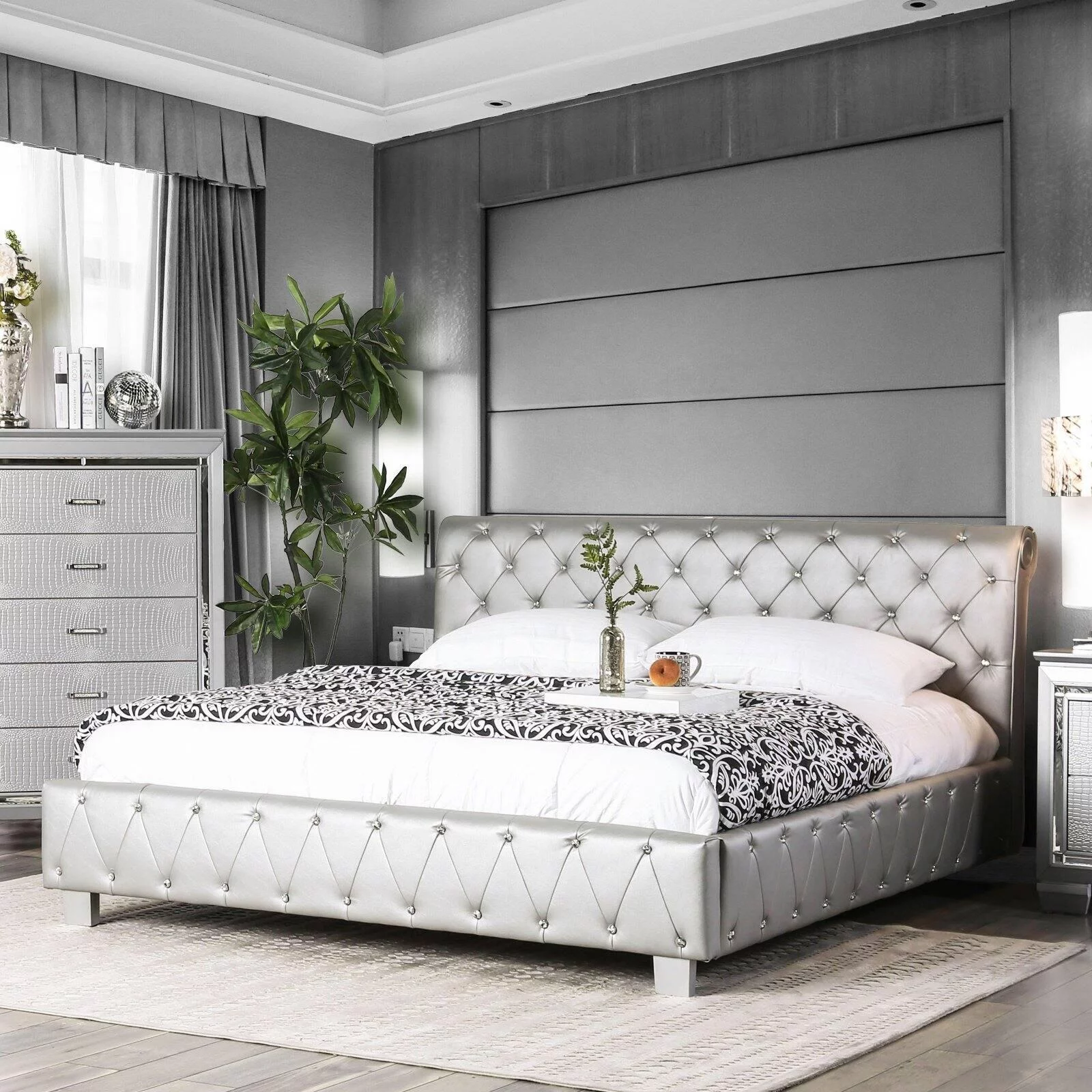 Contemporary Silver Solid Wood King Bedroom Set 6pcs FOA CM7056SV-EK Juilliard
