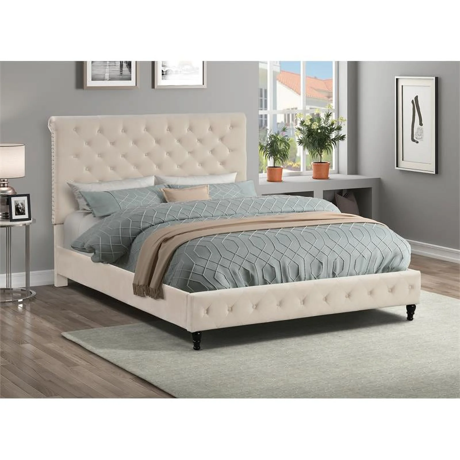 Pemberly Row Tufted Velvet Fabric King Platform Bed in Beige