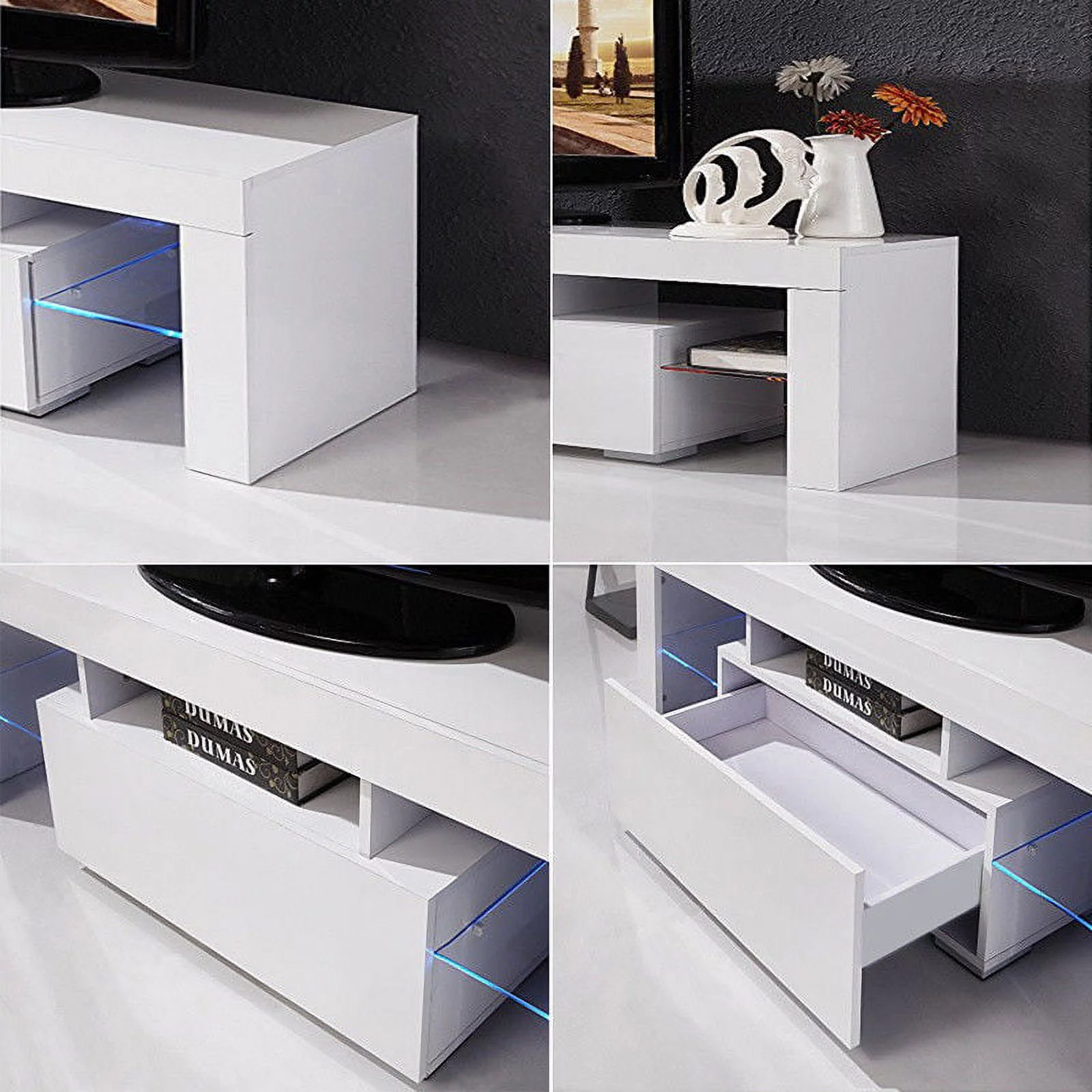 UBesGoo High Gloss TV Stand Media Console Cabinet LED Shelves with 1 Drawers for Living Room Storage White