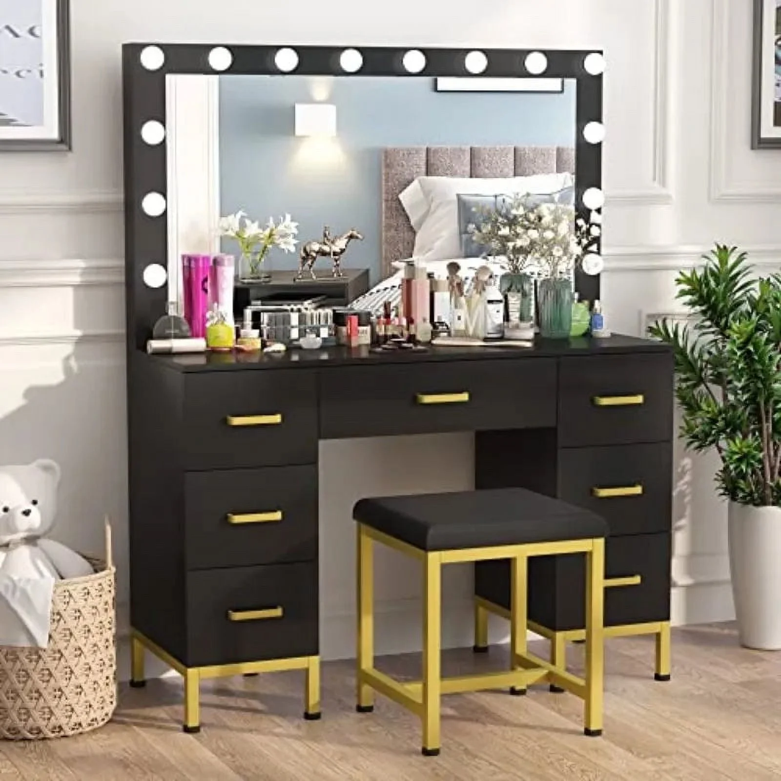 WJFORLION Vanity Set with Lighted Mirror, 44'' Makeup Vanity Dressing Table with LED&Cushioned Stool,Dressers for Bedroom