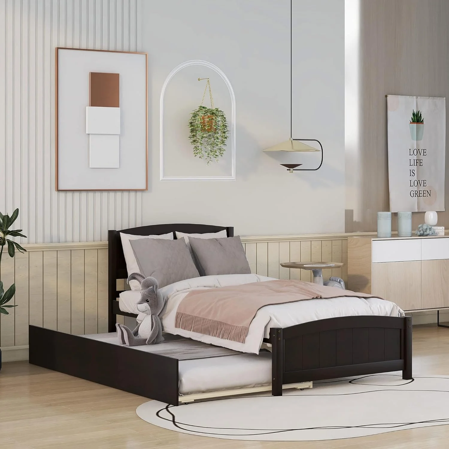 Platform Bed With Trundle, Solid Wood Daybed Sofa Bed Frame For Kids Teens Guests Bedroom Living Room Furniture, No Box Spring Needed ( Size, Espresso)