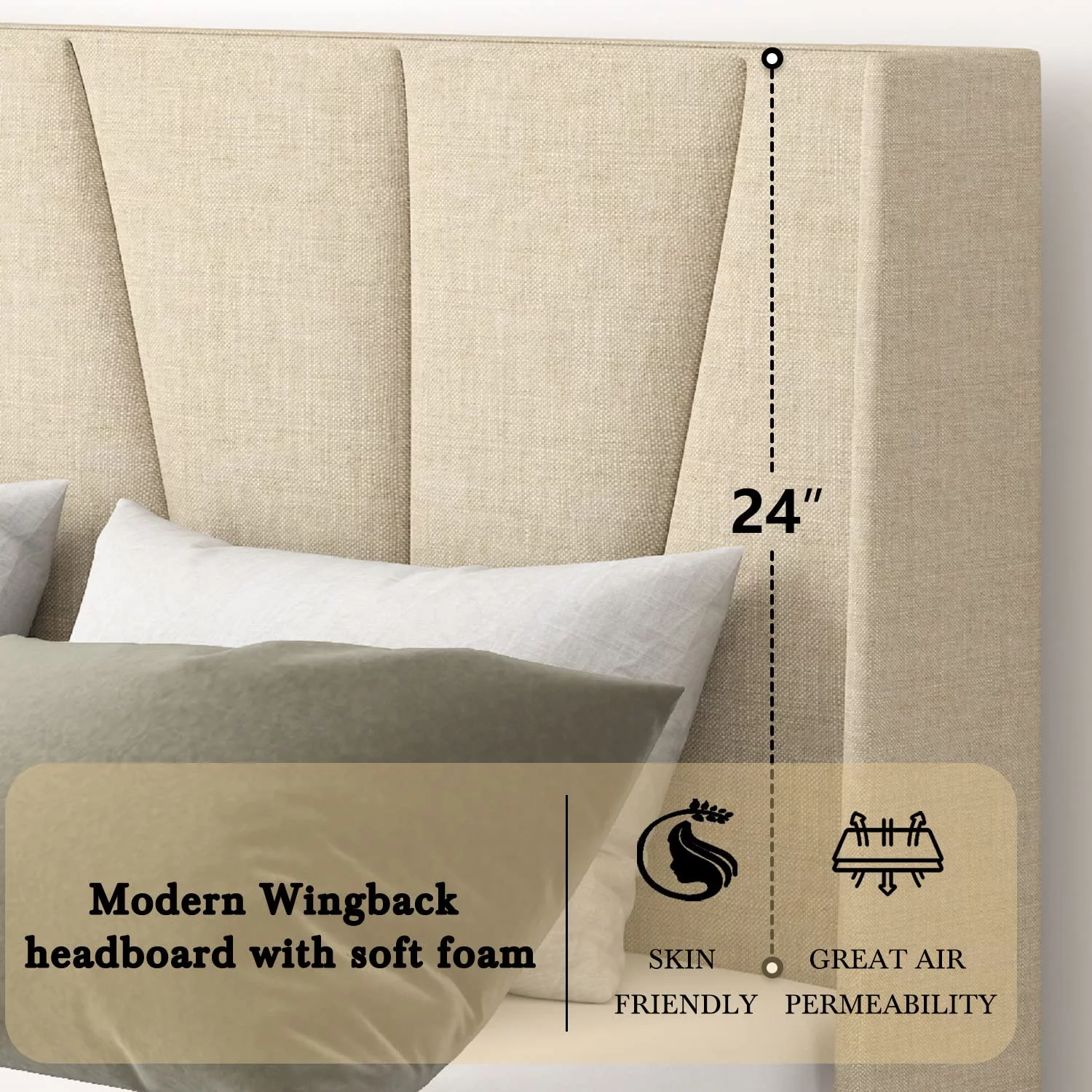 Einfach King Size Platform Bed, Wingback and Geometric Headboard, Beige