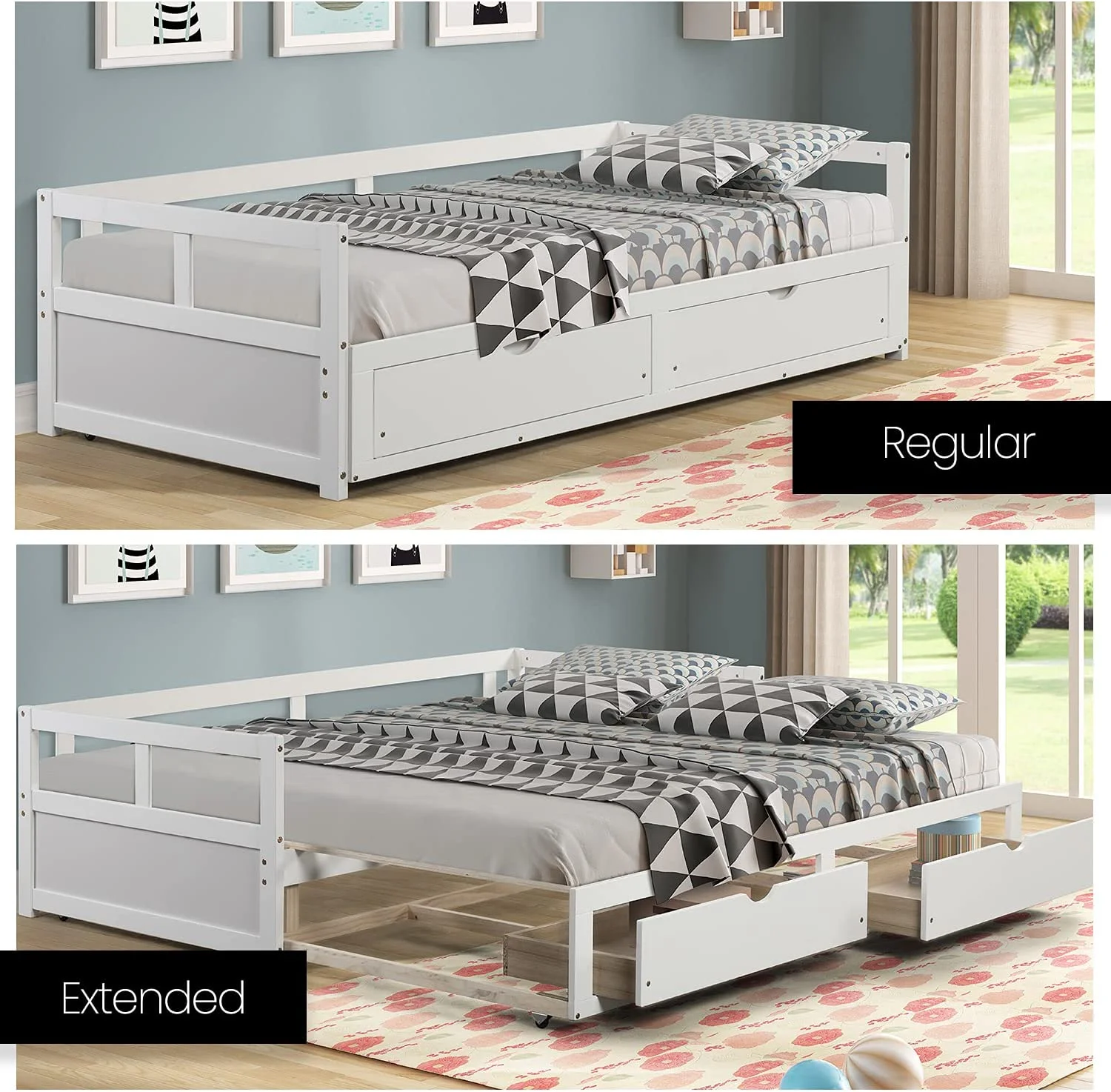 Twin Daybed with Two Drawers - White Solid Pine Wood Material - Extendable to King Size Bed Frame with Extra Storage Drawers \u2013 Elegant Furniture for Compact Rooms