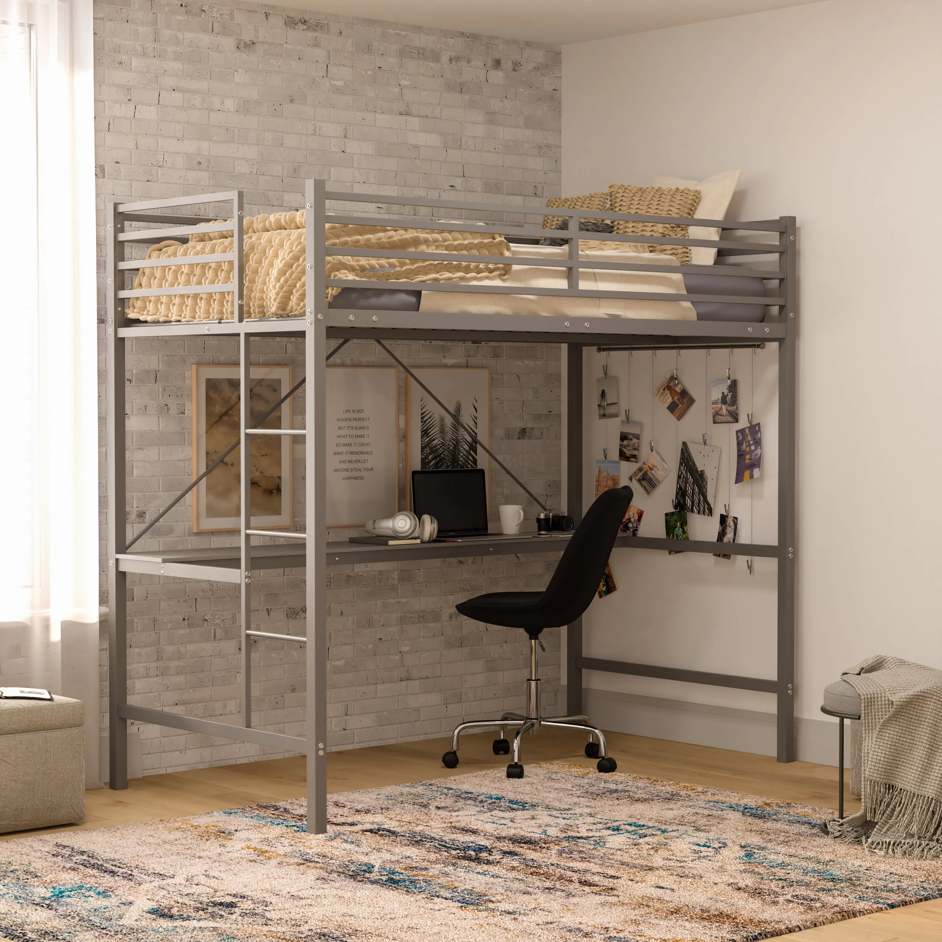 BizChair Loft Bed Frame with Desk, Twin Size Metal Bed Frame with Protective Guard Rails & Ladder for Kids, Teens and Adults - Gray