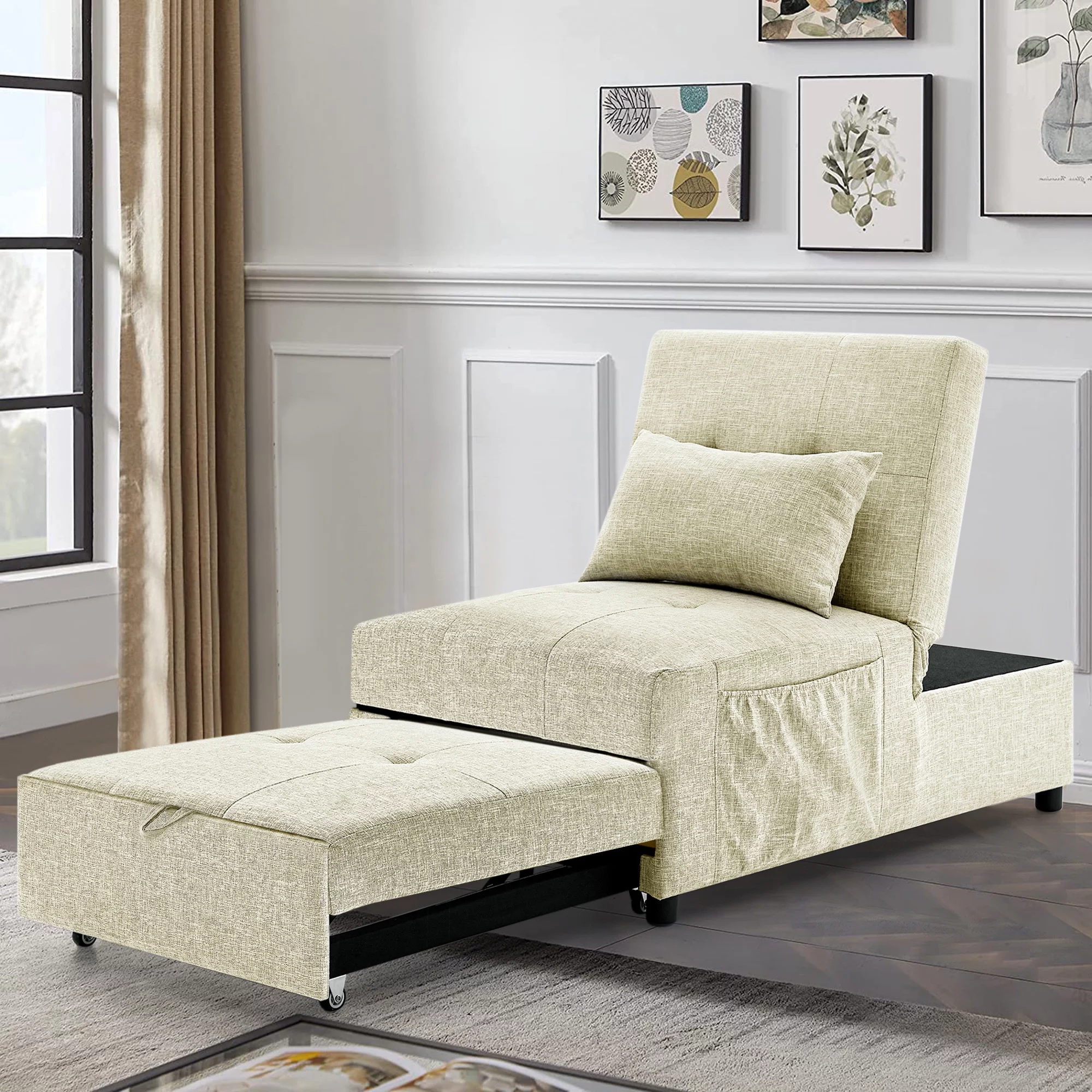 SYNGAR Folding Sofa Bed, Convertible Chair 4 in 1 Multi-Function Folding Ottoman Modern Breathable Linen Guest Bed with Adjustable Sleeper, Large Pocket and Pillow for Small Room Apartment, Beige