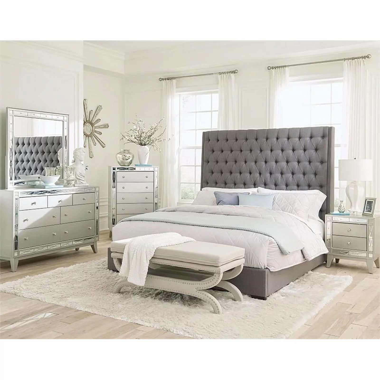 Maklaine 5-piece Wood Queen Bedroom Set in Gray and Metallic