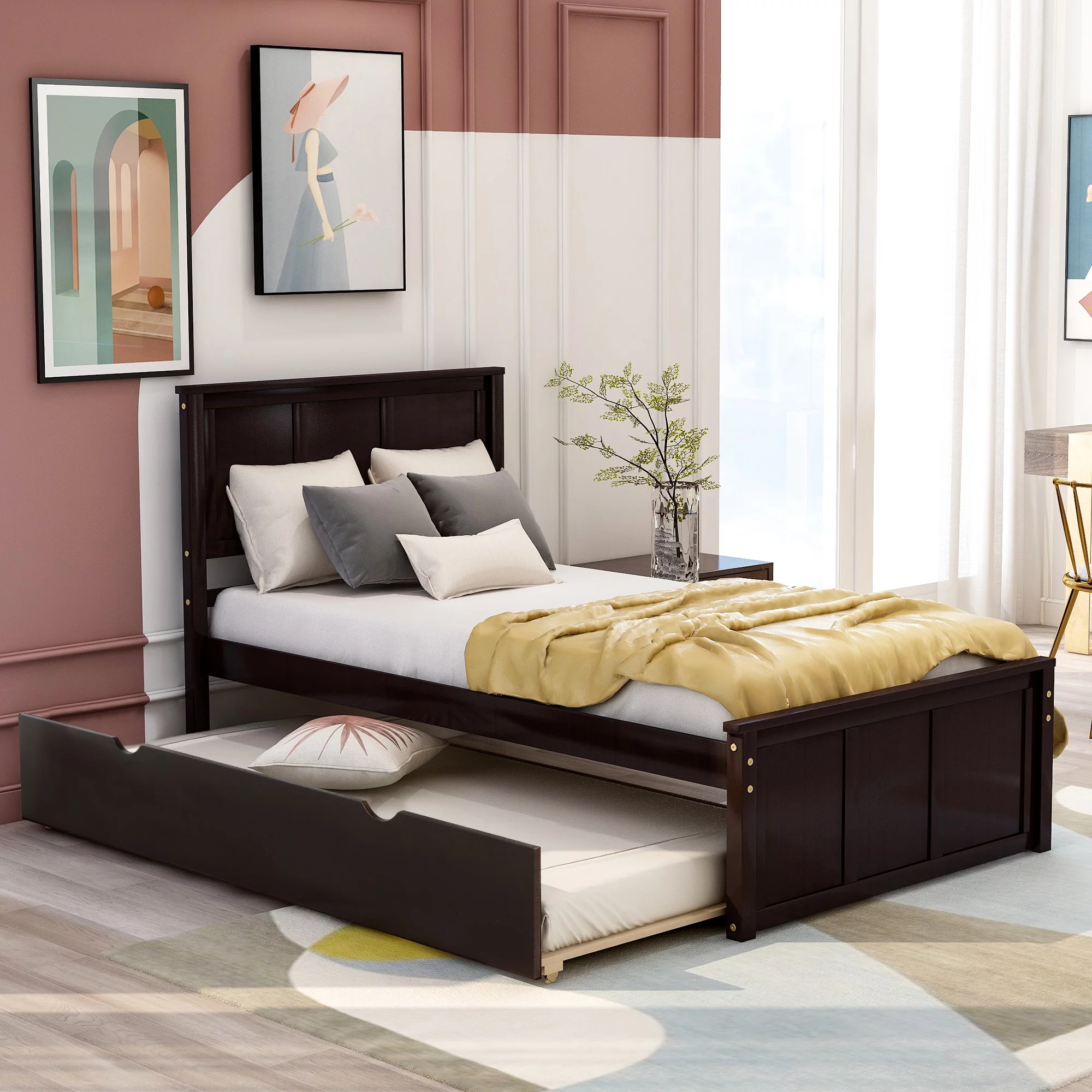 Nestfair Espresso Platform Bed with Twin Size Trundle