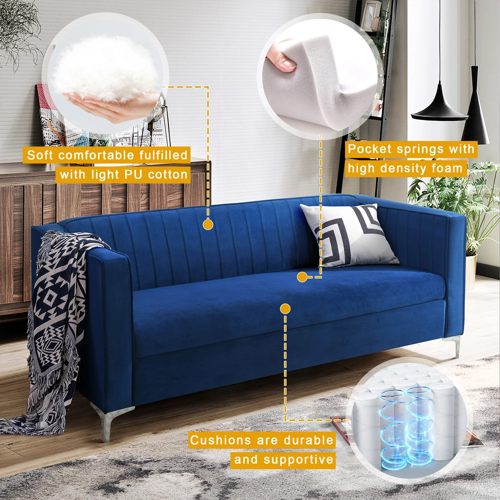 Mid-Century Modern Velvet Sofa, Upholstered Couch Loveseat with Metal Legs Removable Cushions for Living Room Bedroom Office