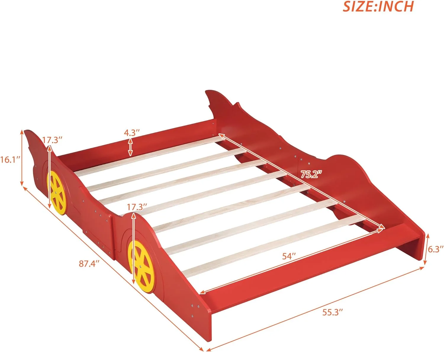 Full Size Race Car Bed For Boys, Wood Low Platform Bed Frame With Support Slats, Full Beds In Race Car-Shaped For Kids Teens, Red