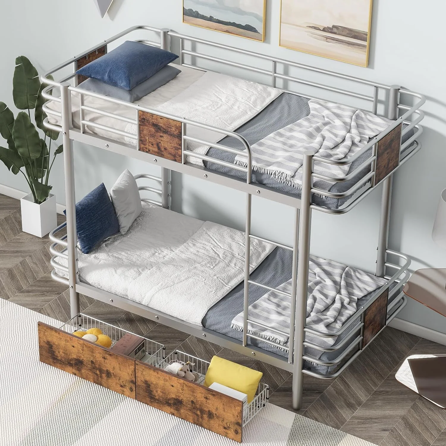 Heavy Duy Meal Buk Bed XL Over XL Wih Sorage Drawers Meal Buk Bed Frame For 2 Persos Bedroom Furiure, Full Guardrail, o Box Sprig eeded(Silver)