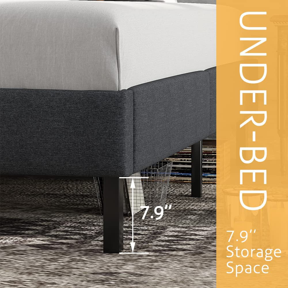 SHA CERLIN Grey King Size Upholstered Platform Bed Frame with Wood Slat, No Box Spring Needed, Adult