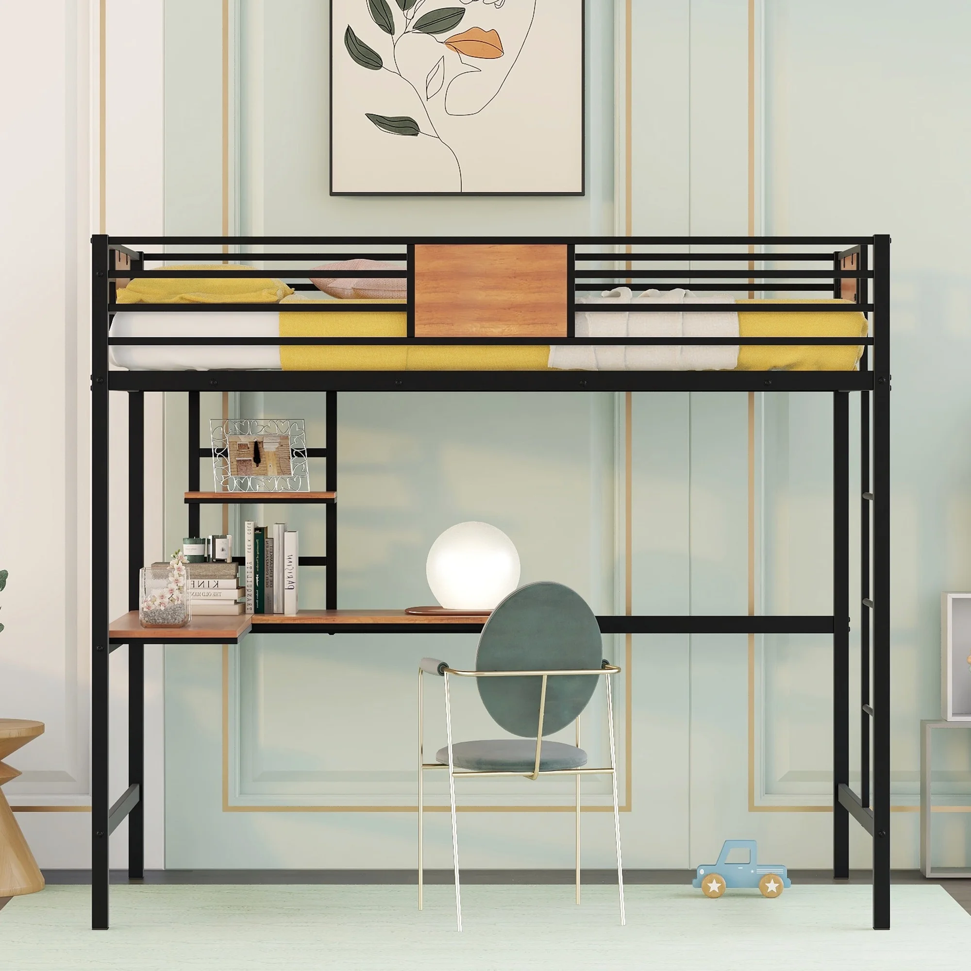 Royard Oaktree Twin Size Loft Bed with L-Shape Desk and Shelve Metal Loft Bed Frame with Built-in Ladder and Guardrail, Metal Slats, No Box Spring Needed, Black