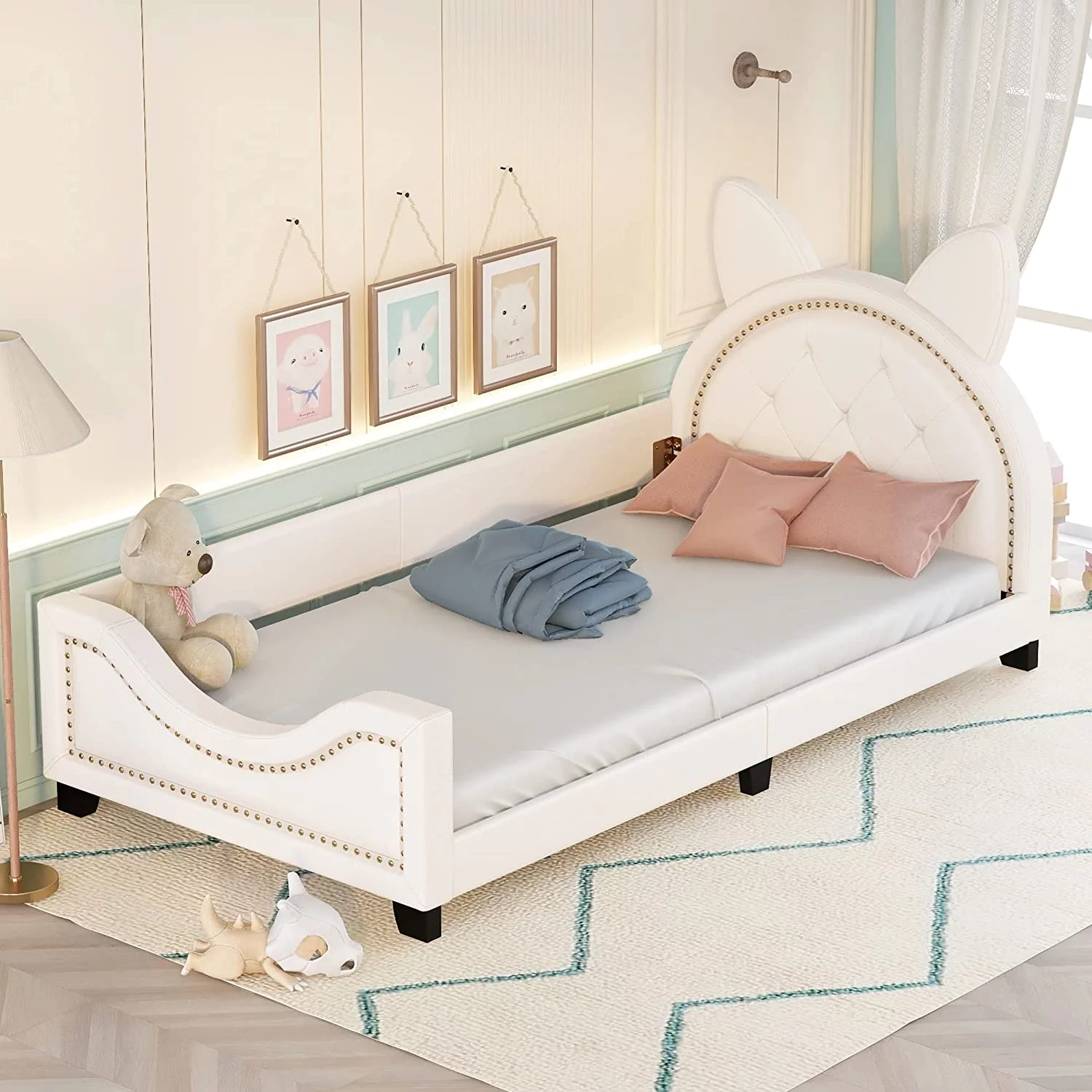 Twin Upholstered Daybed with Carton Ears Shaped Bottom Tufted Headboard, Low Platform Bed Frame with Rails for Kids Girls Boys Teens, Faux Leather White