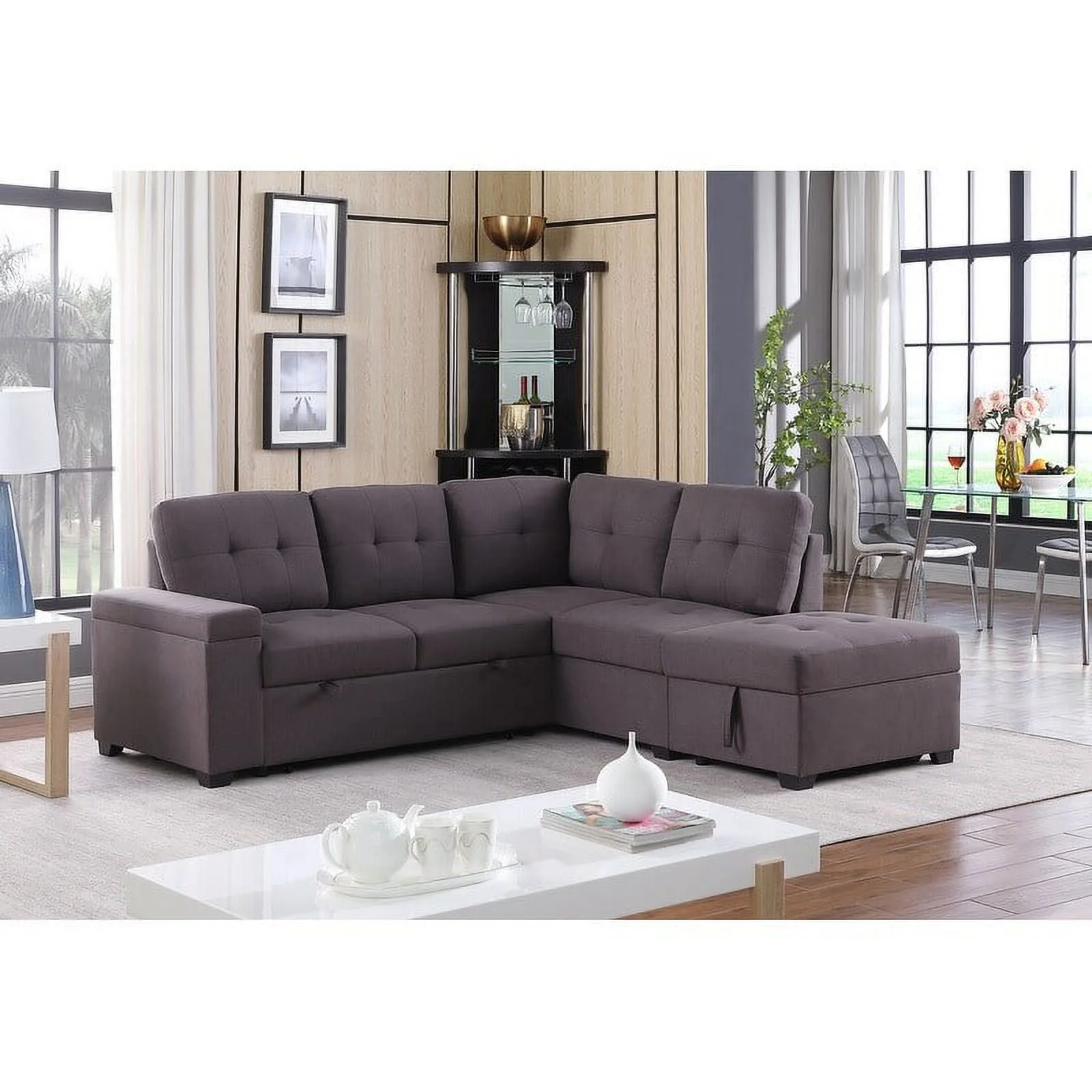 Katie Brown Linen Sleeper Sectional Sofa with Storage Ottoman, Storage Arm
