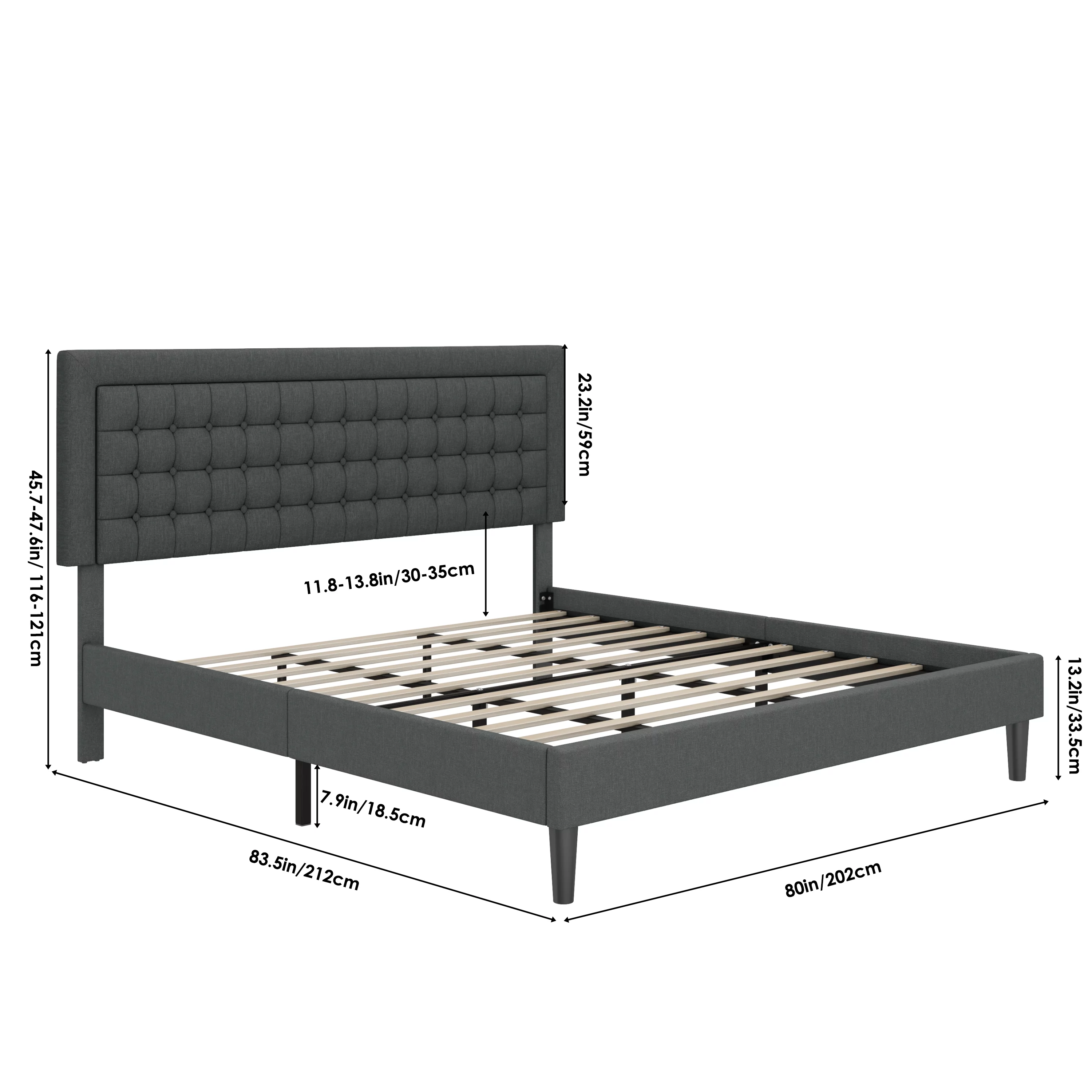 Homfa King Bed Frame, Modern Platform Bed Frame with Adjustable Button Tufted Upholstered Headboard for Bedroom, Wood Slat Support, Gray
