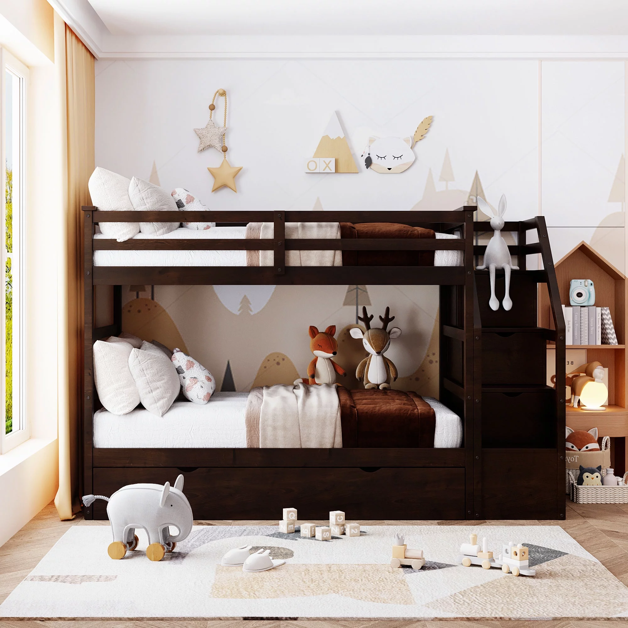 CoSoTower Twin-Over-Twin Bunk Bed with Twin Size Trundle and 3 Storage Stairs,Espresso