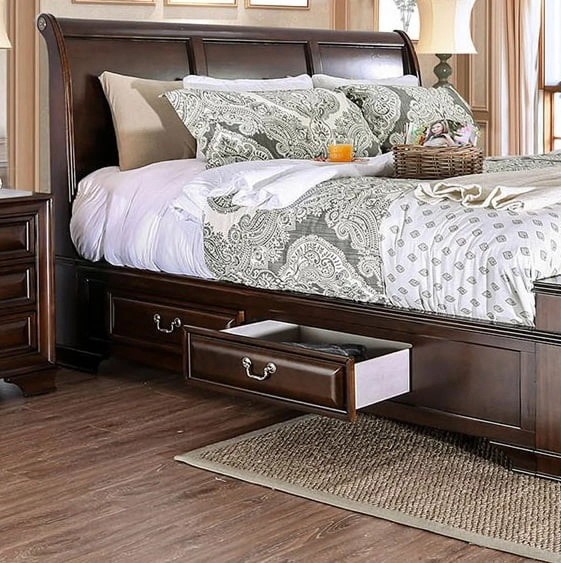 Brown Cherry Storage California king Size Bed Bedroom Furniture Solid wood Rail Drawers Wood inlay Nickel Pulls Storage Drawers bed