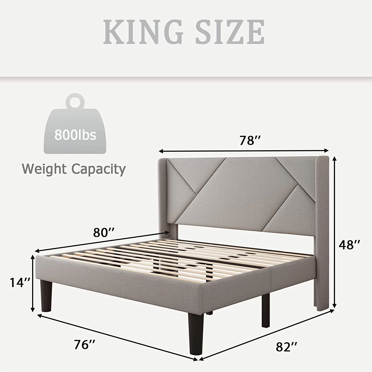 Size Platform Bed Frame with Wingback  Geometric Upholstered Bed Frame with Headboard  Wood Slats Support  No Box Spring Required  Light Grey