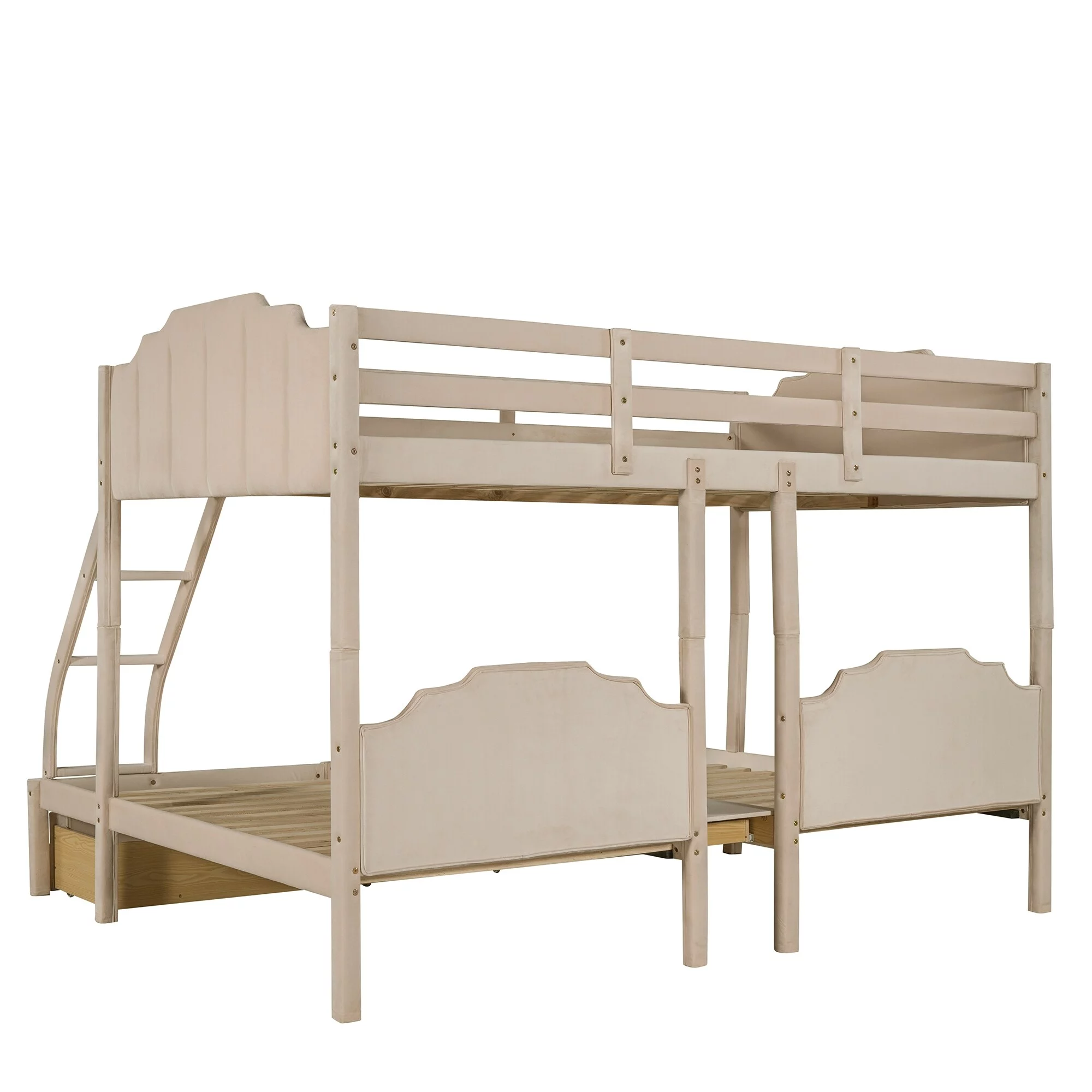 Triple Bunk Bed with Drawers, Full Over Twin & Twin Velvet Bunkbed Frame for 3 Kids Bedroom, Divided into 3 Separate Beds Beige - Full