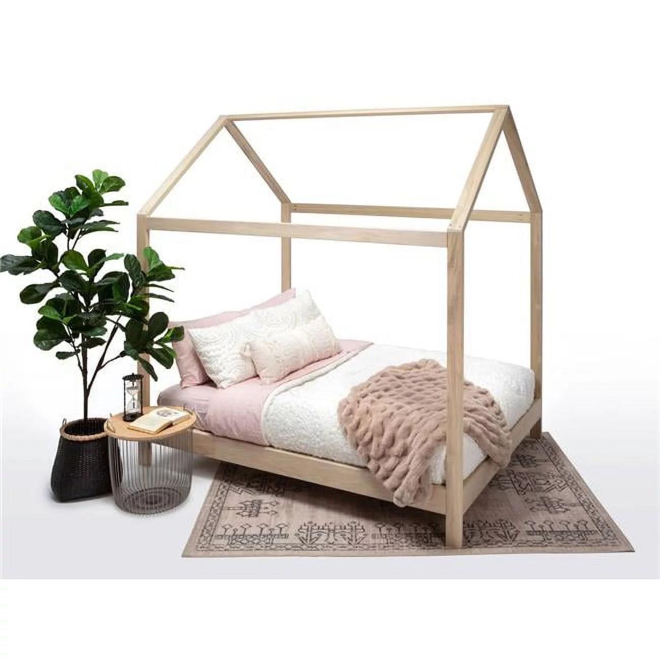 House Bed with Raised Base, Natural - Queen Size