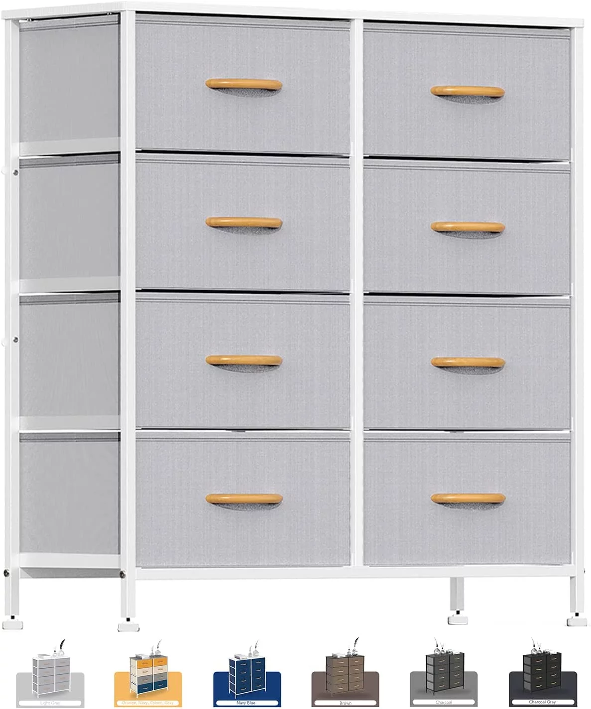 Dresser for Bedroom, 8 Drawer Storage Organizer Tall Wide Dresser, for Closet, Living Room, Hallway, Dormitory, Sturdy Steel Frame, Wooden Top (Grey)