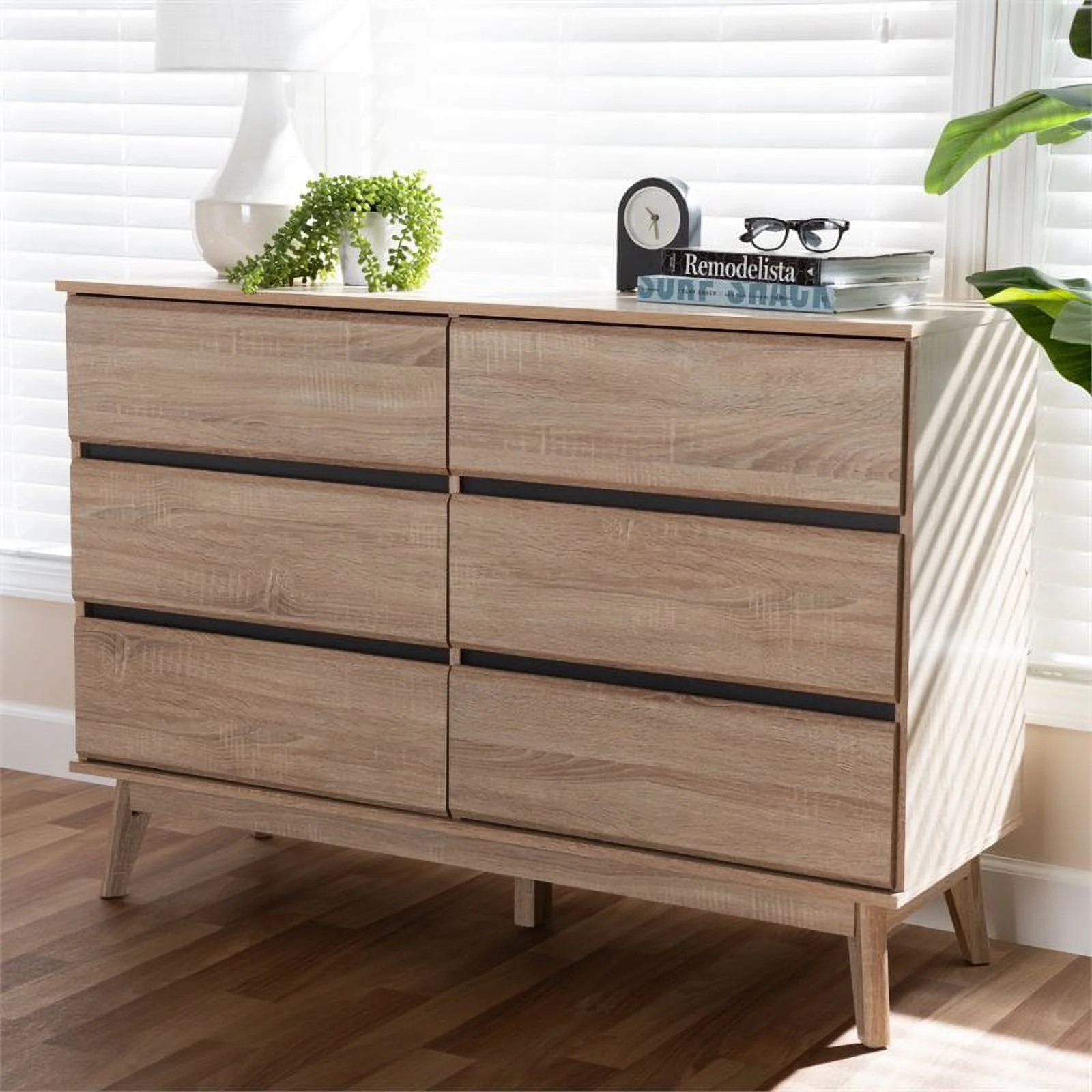 Bowery Hill 6 Drawer Modern Dresser in Light Oak and Dark Grey