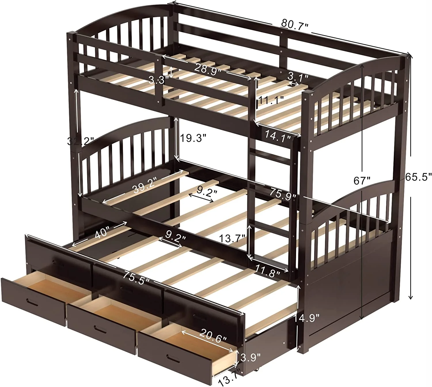 Solid Wood Bunk Bed With Trundle, Over Bunk Bed With 3 Storage Drawers And Safety Rail, Can Be Convertible To 2 Beds, No Box Spring Required (Espresso)
