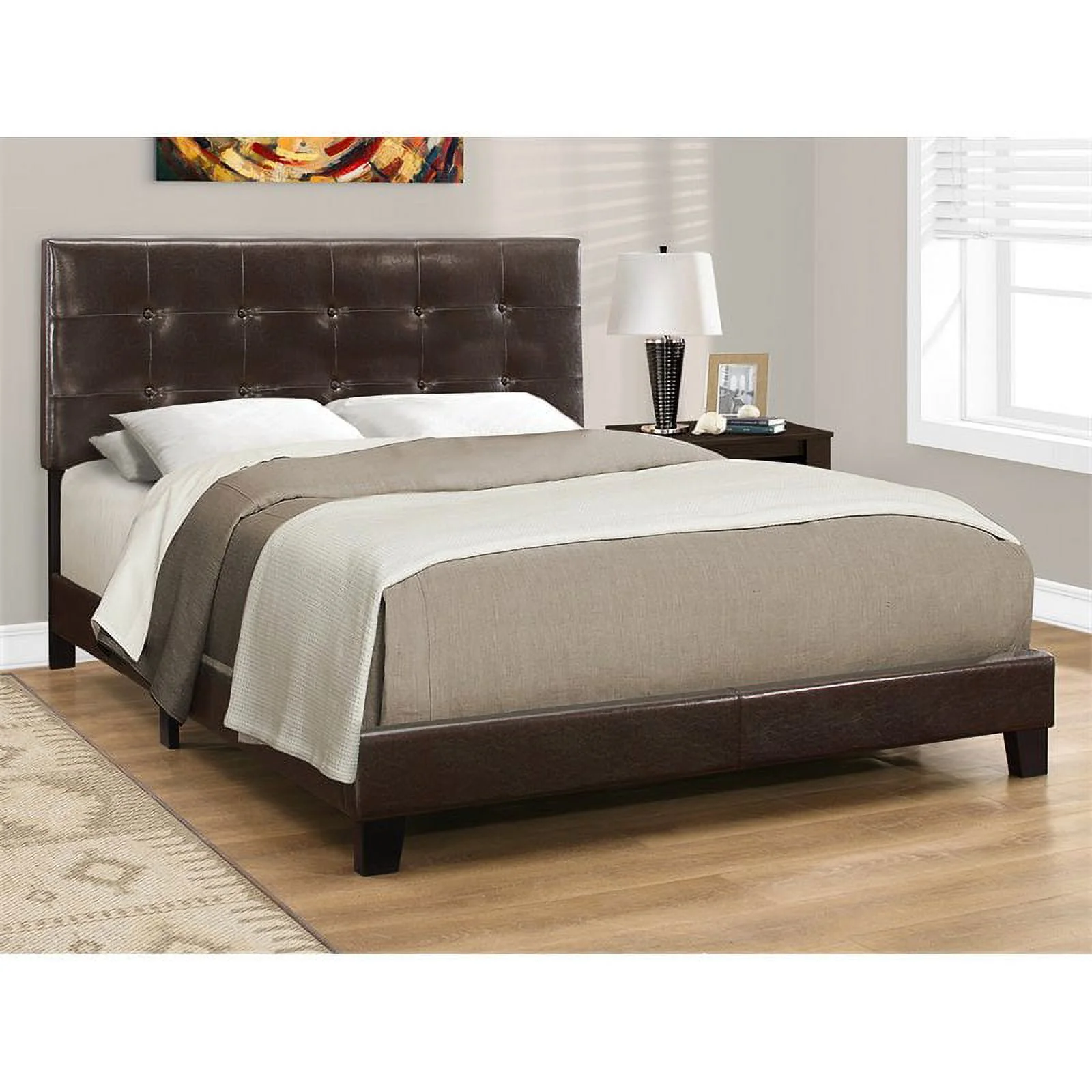 Bowery Hill Bed Queen Platform Bedroom Frame Upholstered Pu Leather Look Brown