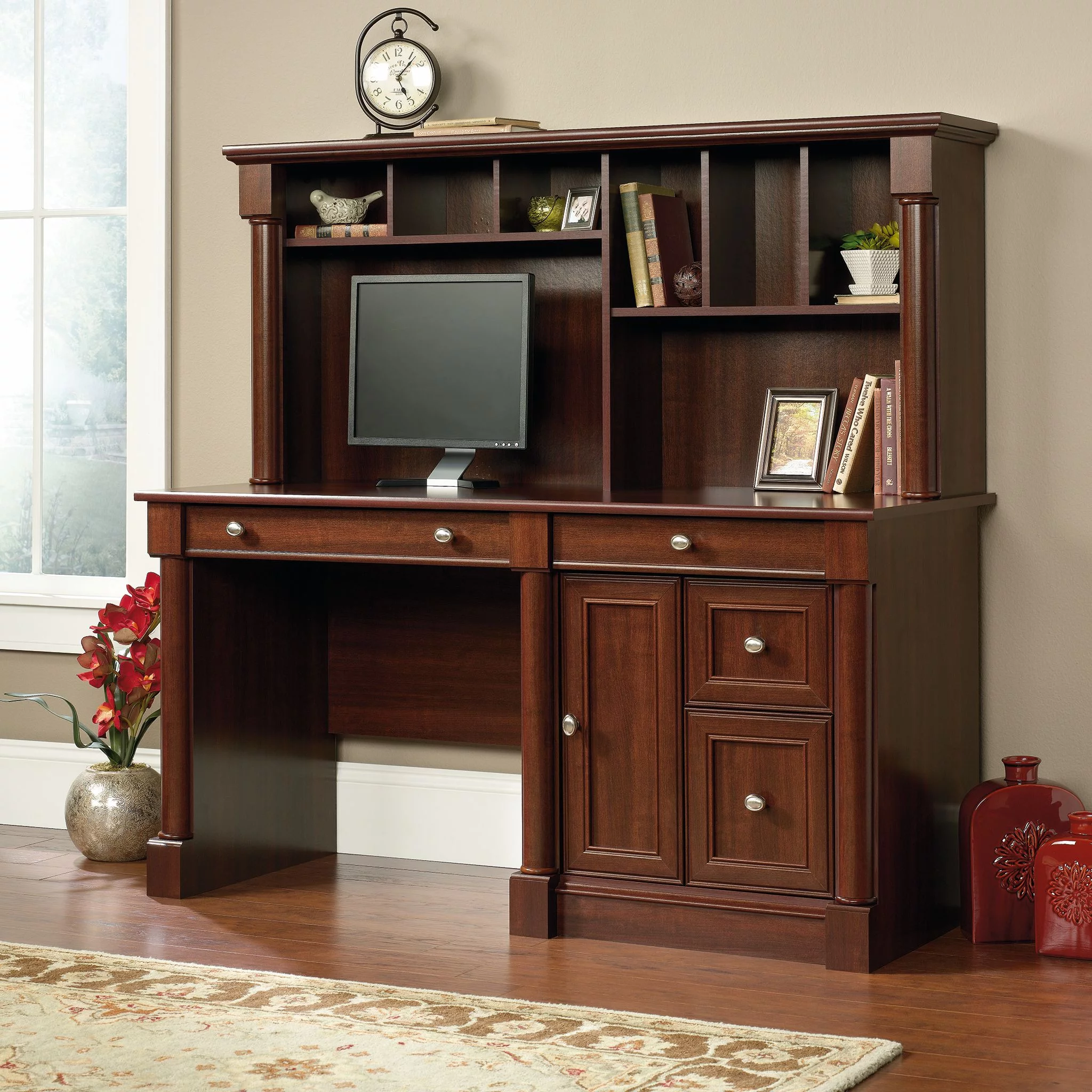 Sauder Palladia Computer Desk And Hutch, Select Cherry Finish