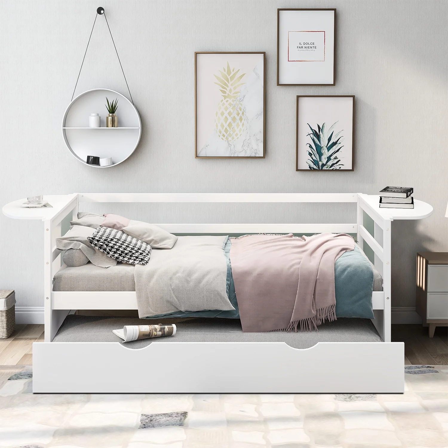 Classic Style Twin Size Daybed with A Trundle and Foldable Shelves, White