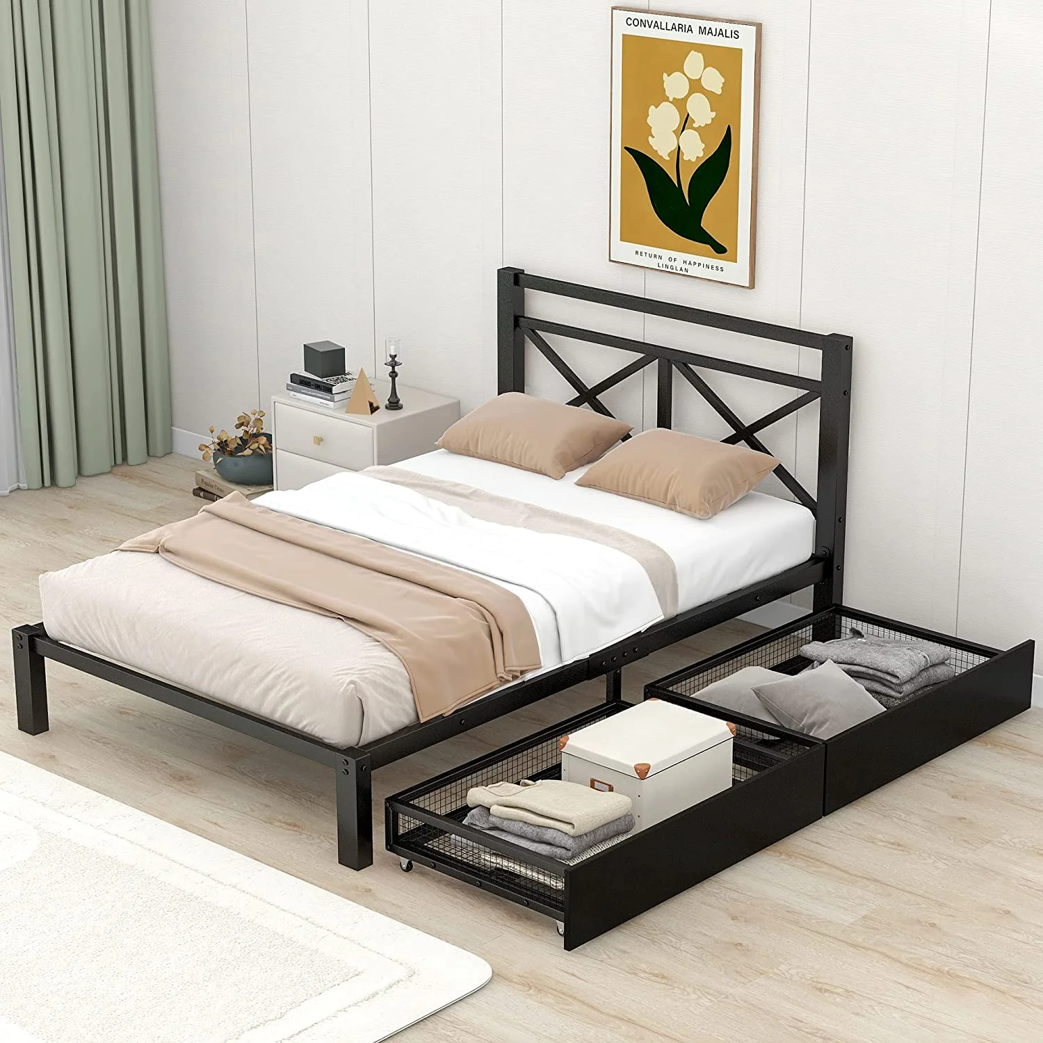 Size Metal Platform Bed With 2 Storage Drawers, Size Platform Beds With Metal Headboard, Moder Metal Bed For Boys, Girls & Tees, o Box Sprig eeded (Metal Black)