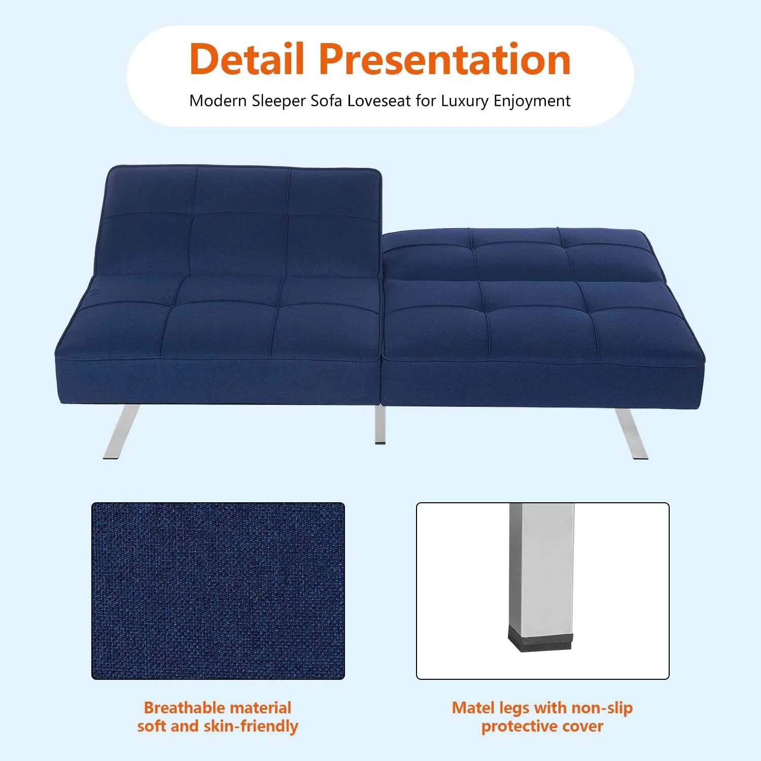 Dkelincs Futon Couch Bed Convertible Sofa Bed Twin Size with 3 Adjustable Position Sleeper Couch for Living Room, Blue