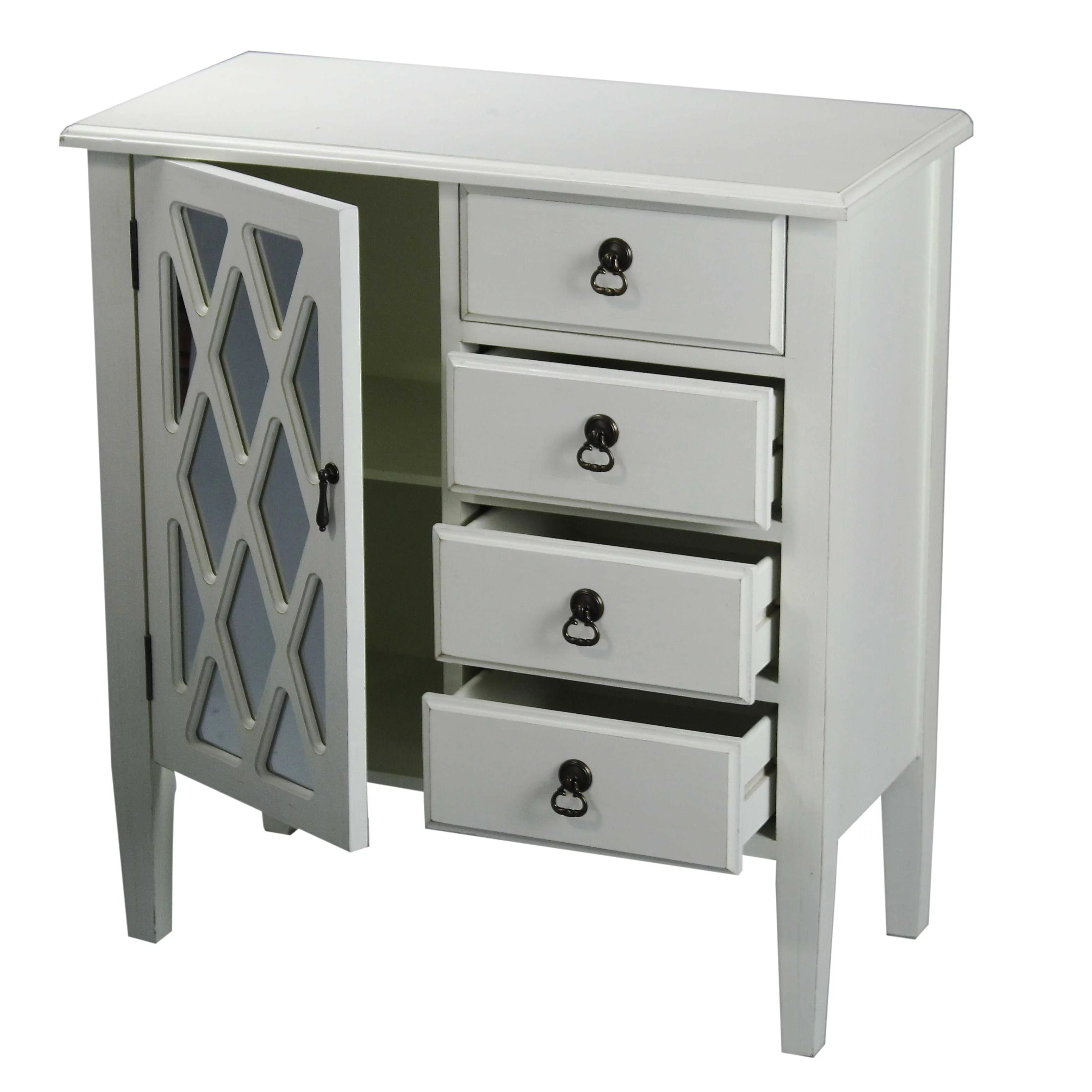 32' Antique White Wood Clear Glass Sideboard with a Door and 4 Drawers