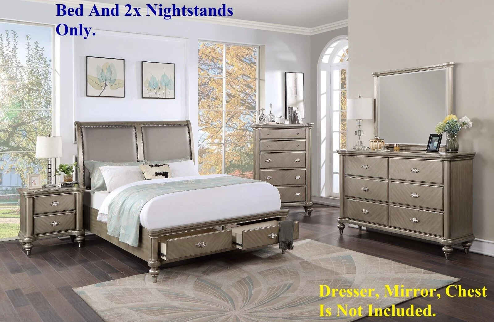 Queen Size Bed And 2x Nightstands Grey Finish Bedroom Furniture 3pc Set Gorgeous Classic Luxury Wooden Veneer