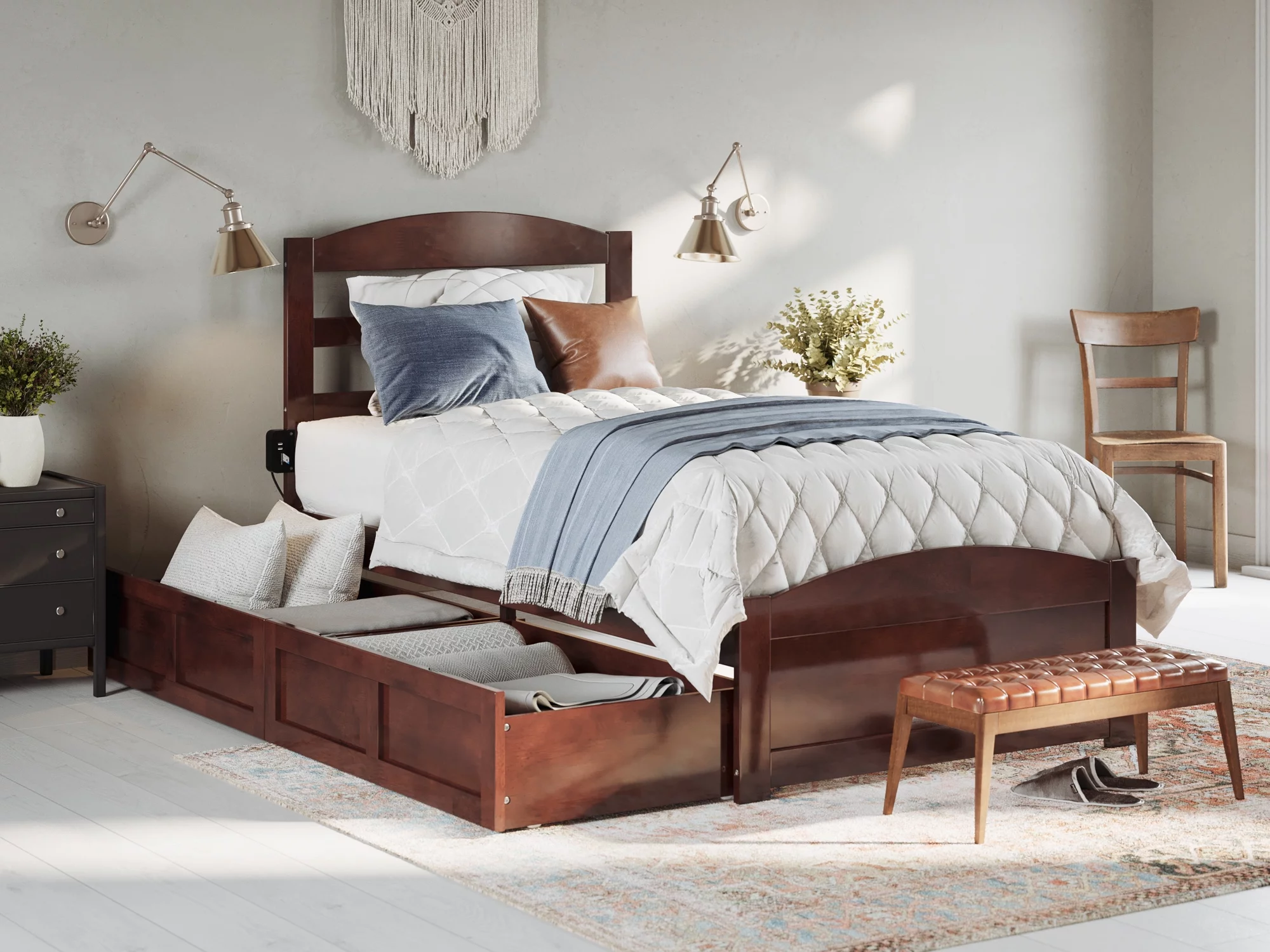 AFI Warren Twin XL Wood Platform Bed with Headboard Footboard & 2 Storage Drawers, Walnut